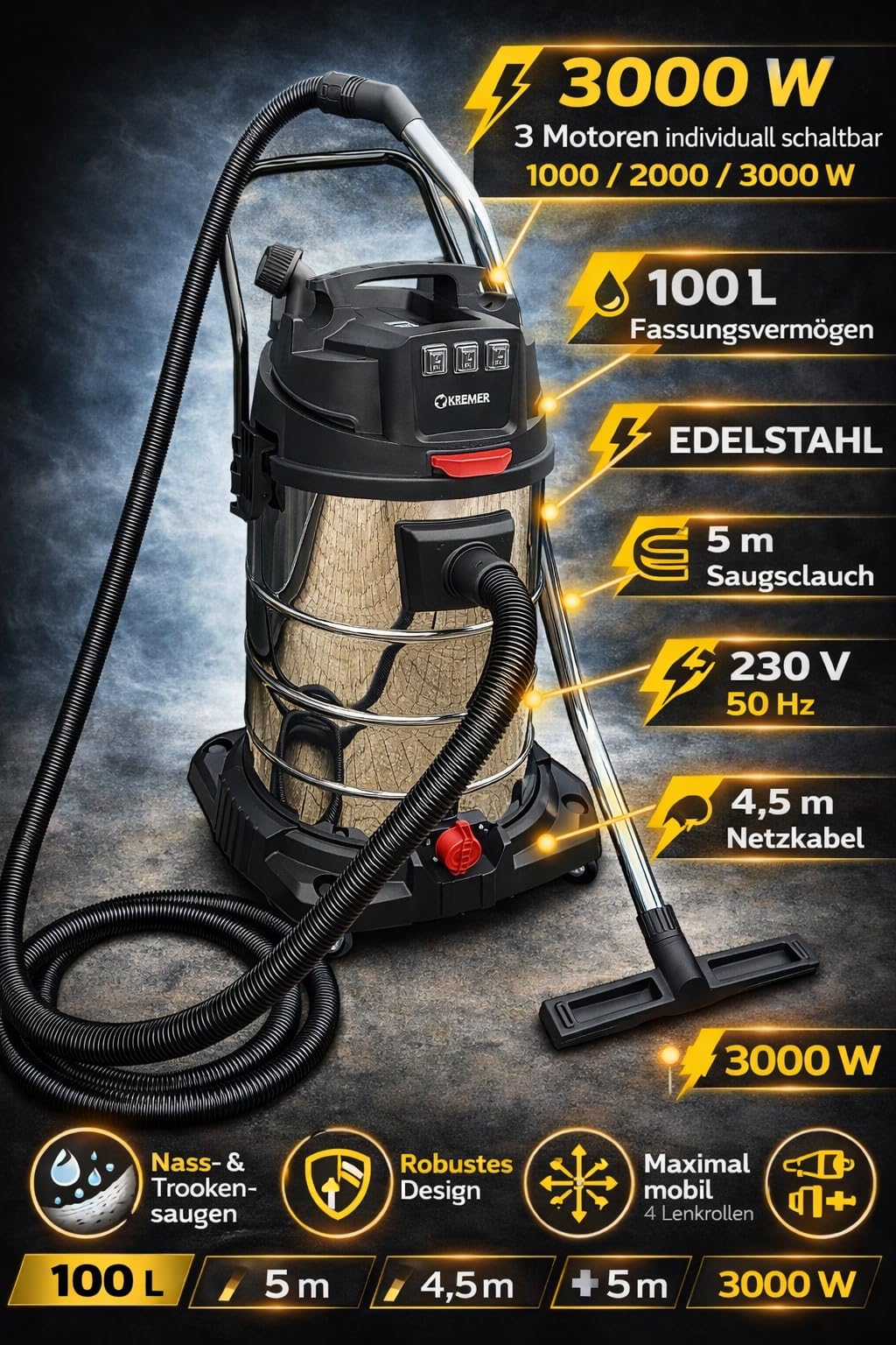 Industriesauger 3000W 100 Liter Edelstahl Behälter Industriestaubsauger | Staubsauger mit 3 Saugmotoren je 1000 Watt | Nasssauger für Baustelle Nass Trocken Sauger Industrie Gewerbe Baustellensauger