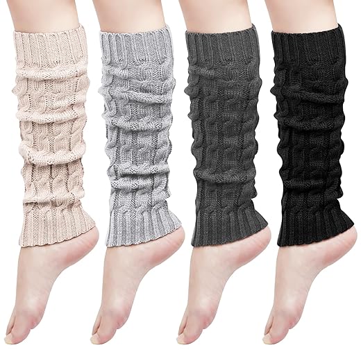 4 Pairs Women Knit Leg Warmers Winter Warm Long Boot Socks, Black+Dark Grey+Light Grey+Beige