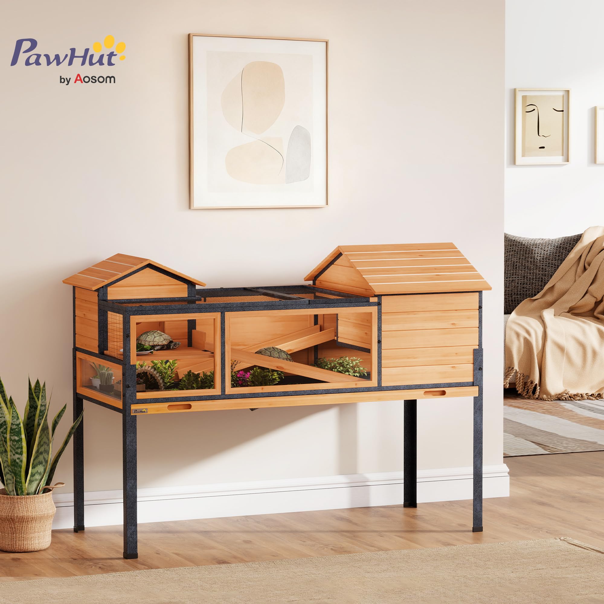 PawHut Maison pour Tortues, Habitat en Bois à 2 étages avec 2 Chambres, enclos intérieur extérieur avec rampes, Toit ouvrable et Plateau, Grande Cage pour Reptiles, 128x63x96cm, Jaune