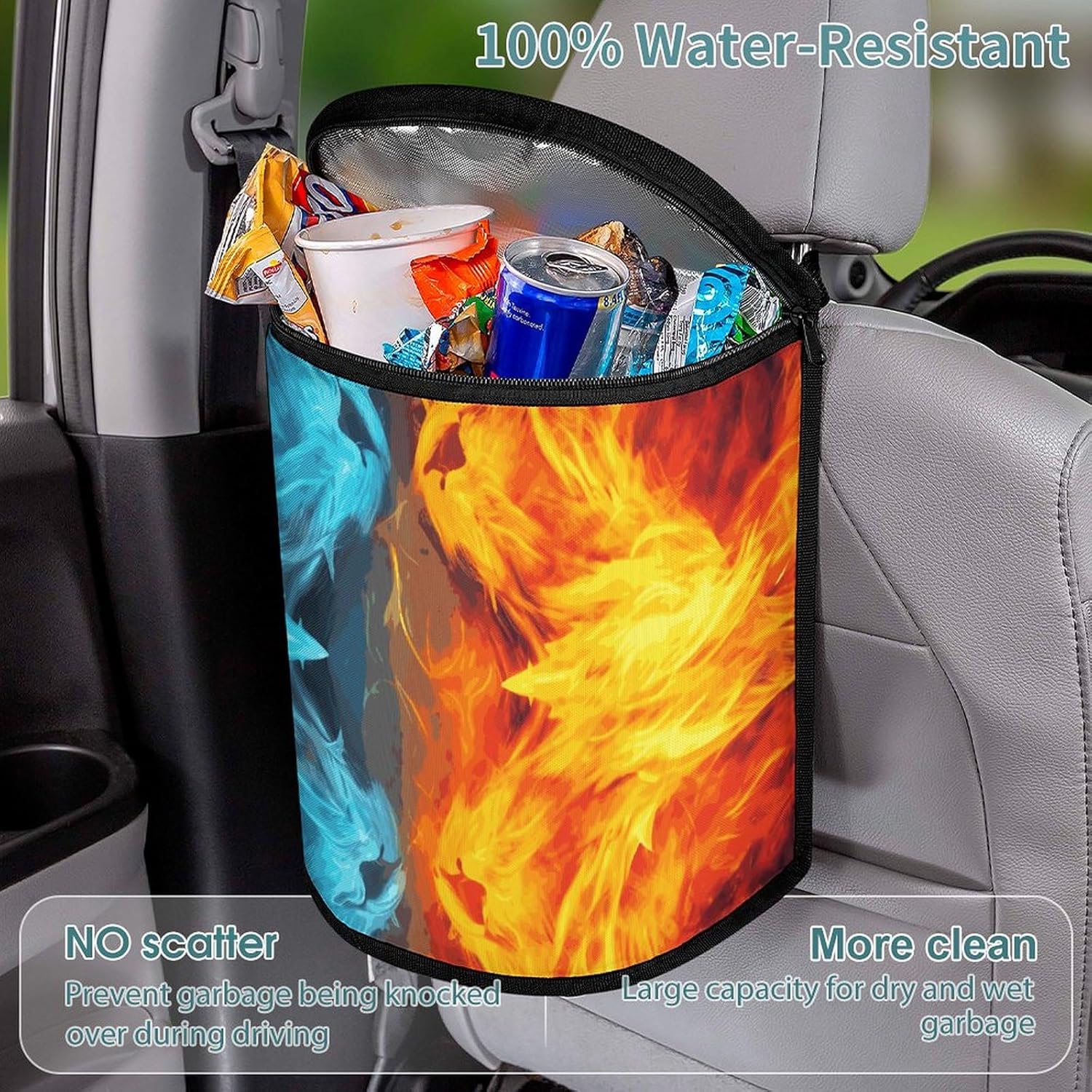Car Trash Can Car Organizer Fire Vs Ice Art Printed Car Garbage Can with Lid Portable Car Bin for Cars and RVs
