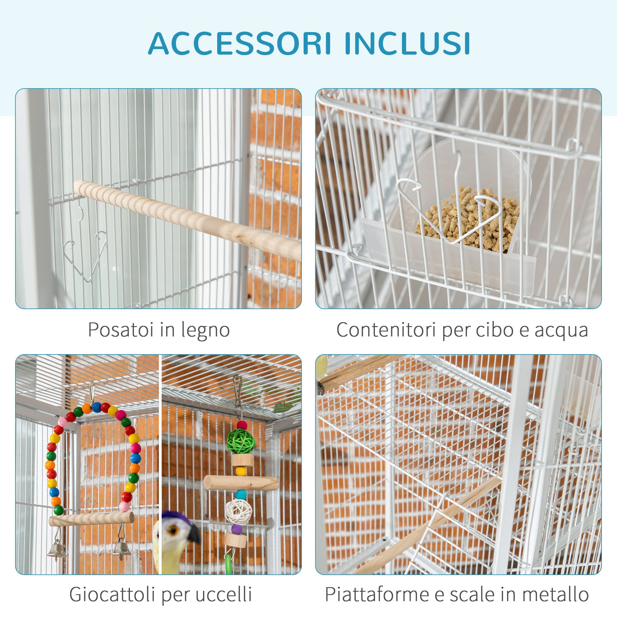 PawHut Gabbia per Uccelli in Acciaio e PP con Posatoi, Giocattoli, Contenitori per Cibo e Vassoio Removibile, 83x53x180 cm, Bianco