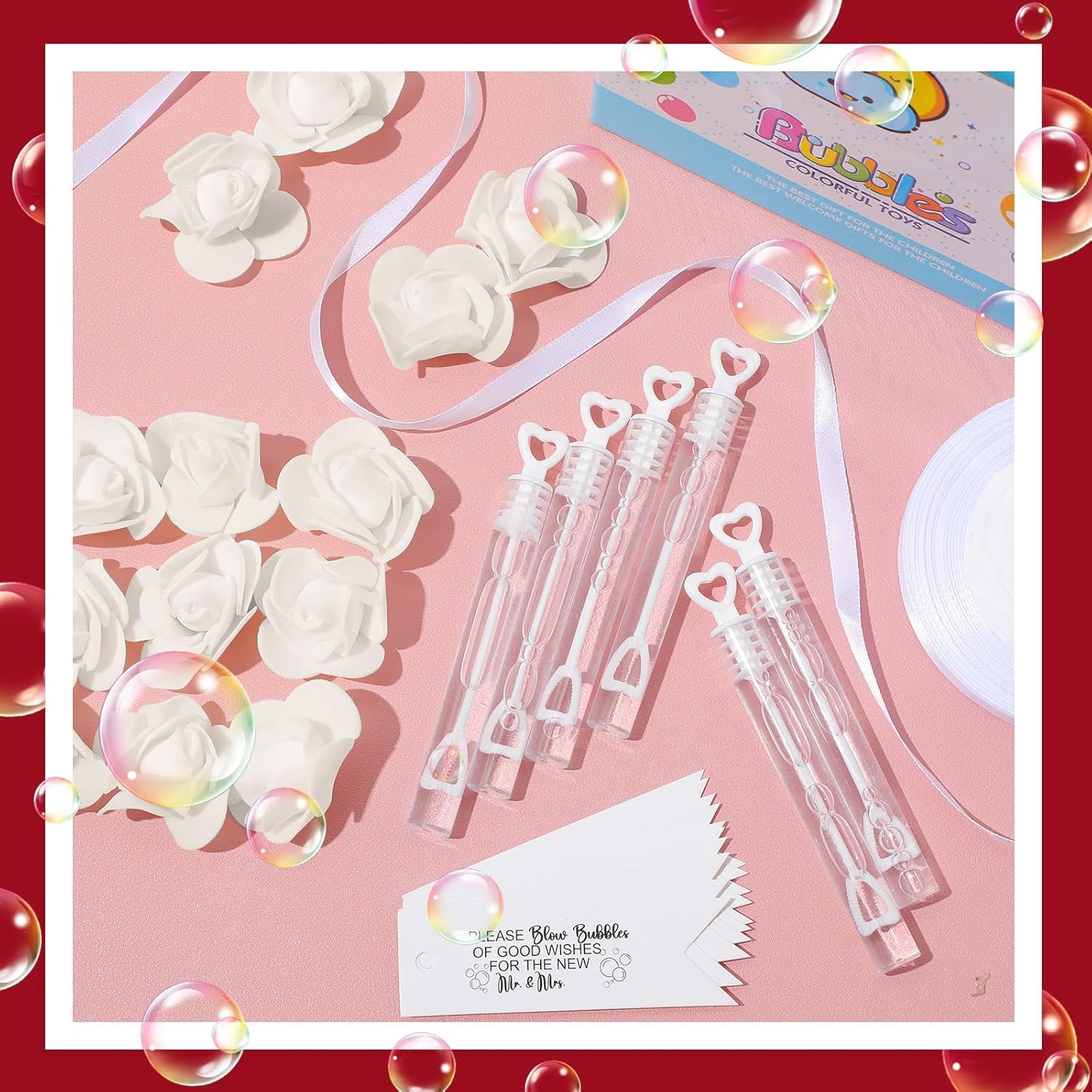 200 Set Wedding Bubble Wands Bulk Set Include Mini Heart Bubble Wand with Refill Flower Ribbon and Tags for Wedding Send Off Guests Anniversaries Party Favor(White)