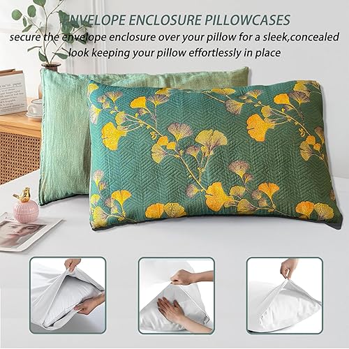 Miniatura 4 de Ginkgo - Juego de ropa de cama de 3 piezas de algodón ligero Queen para todas las estaciones, juego de edredón reversible suave (incluye 1 edredón,