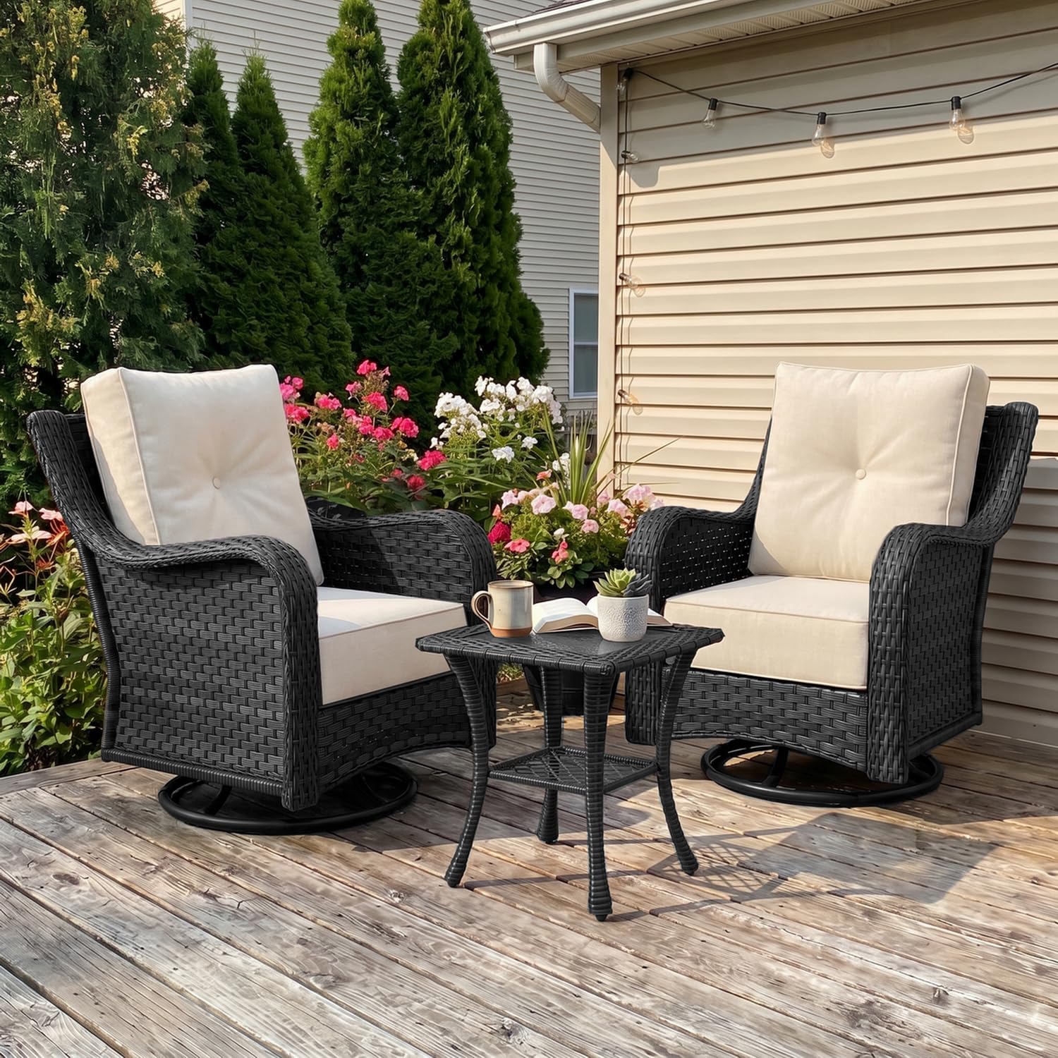 LayinSun 3 Piece Wicker Outdoor Furniture Set with 6-inch Comfy Cushions