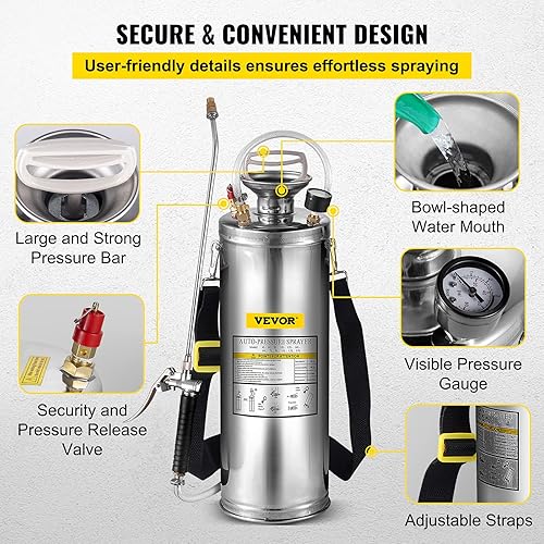 Miniatura 23 de Happybuy Pulverizador de bomba de acero inoxidable de 1 galón, varita de 12 pulgadas y manguera reforzada de 3 pies, medidor de presión, válvula