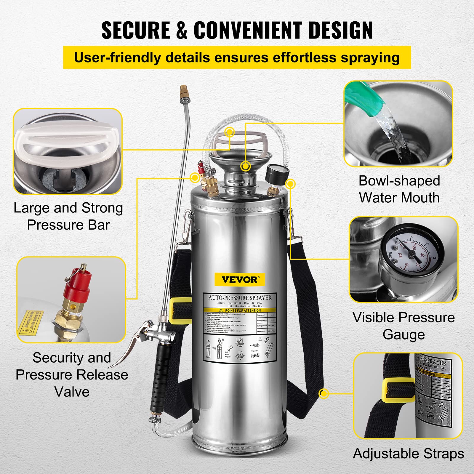 Happybuy Pulverizador a Presión de Alto Rendimiento de 13 L Herramientas de Agua para Jardinería Acero Inoxidable Plverizador Manual de la Bomba Pulverizador