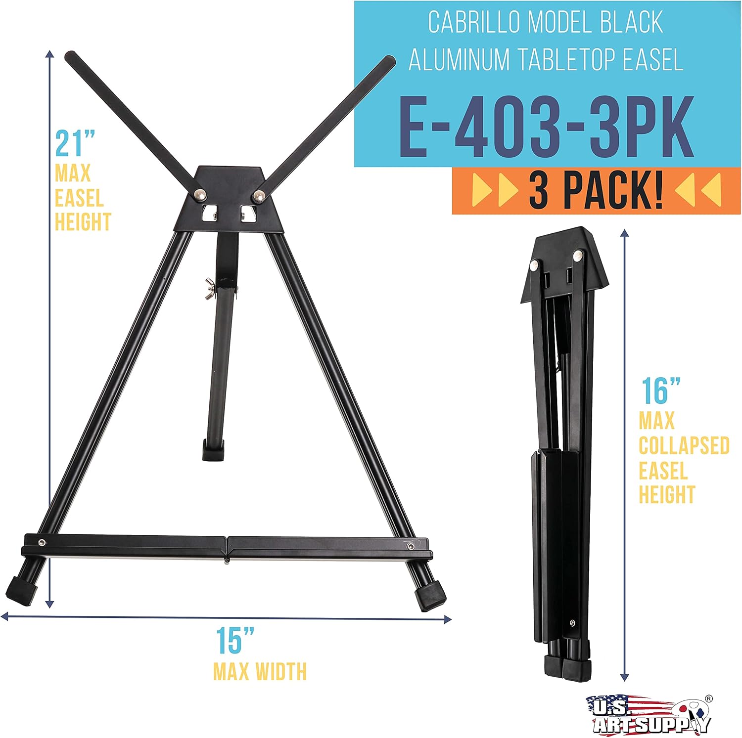 U.S. Art Supply 15" to 21" High Adjustable Black Aluminum Tabletop Display Easel (Pack of 10) - Portable Artist Tripod Stand with Extension Arm Wings, Folding Frame - Holds Canvas Paintings Books Sign