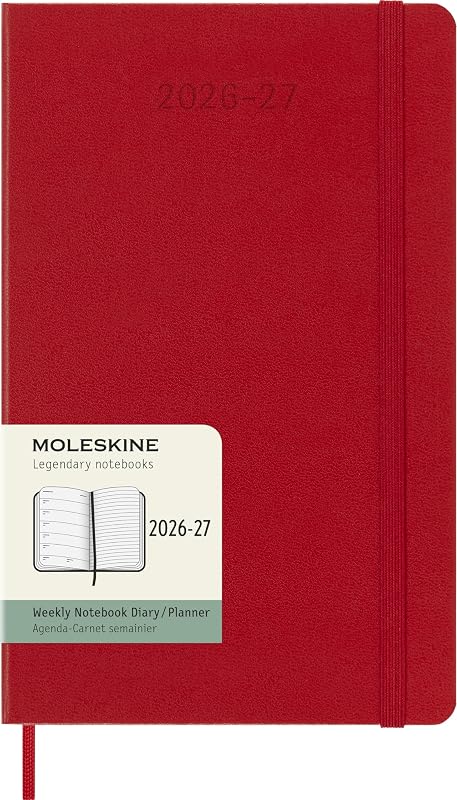 Moleskine 2026-27 Agenda semanal de 18 meses, grande, rojo escarlata, tapa dura | Julio de 2026 a diciembre de 2027 Planificador semanal grande (5" x 8,25") de 208 páginas con páginas de notas a rayas, pegatinas y bolsillo expandible.
