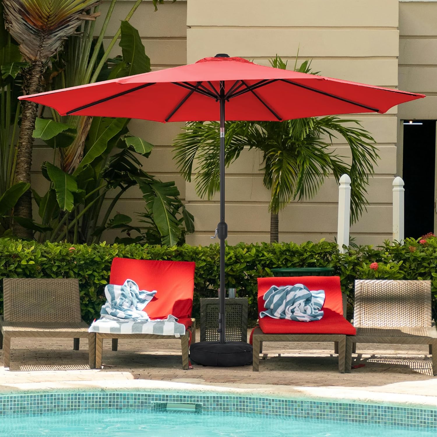 Sundale Outdoor 9FT Patio Umbrella with Sand Bag Umbrella Base, Outdoor Umbrella with Tilt and Crank, Red