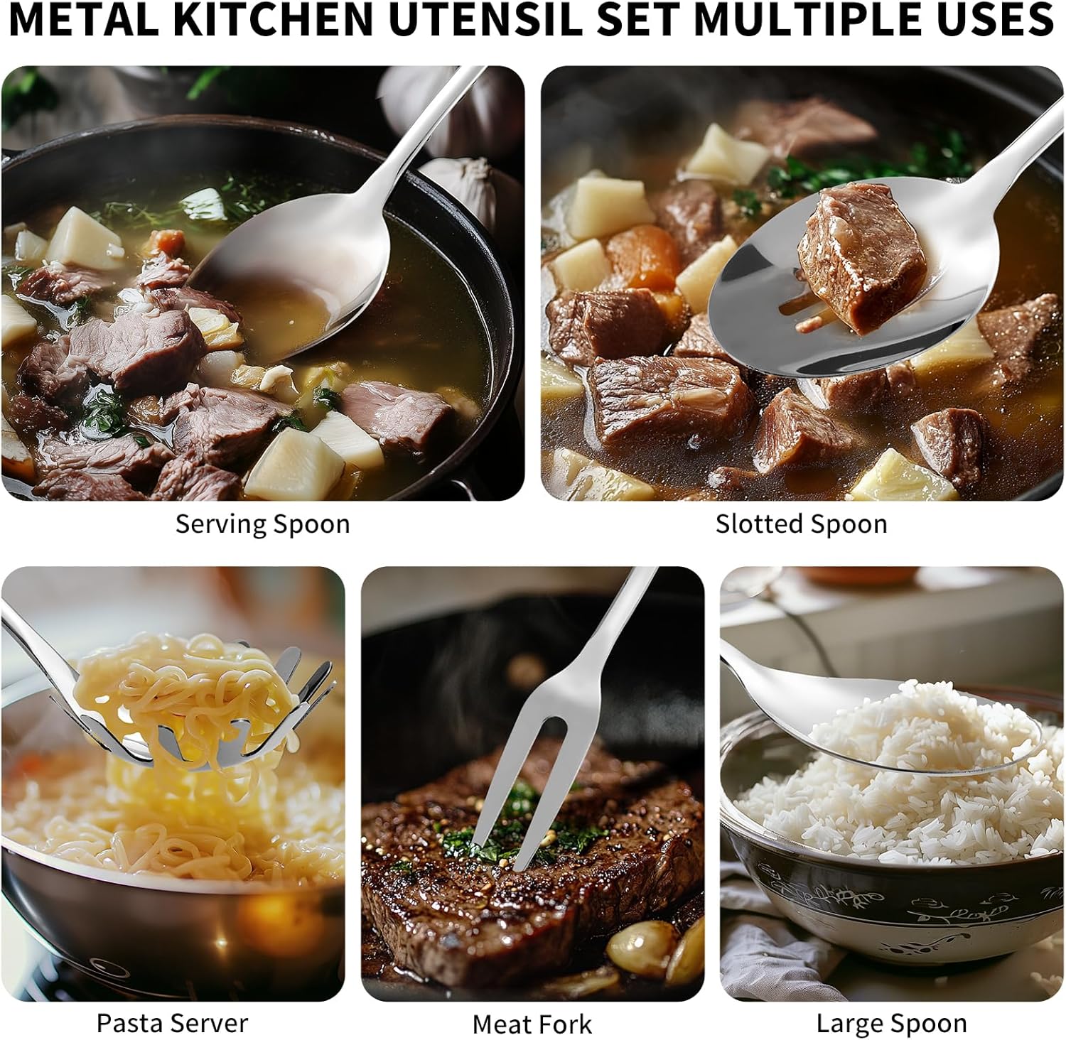 304 Stainless Steel Kitchen Utensils Set, 10 Pcs Metal Cooking Utensil, Mirror Polished Kitchen Gadget Cookware and Kitchen Tool Set, Dishwasher Safe