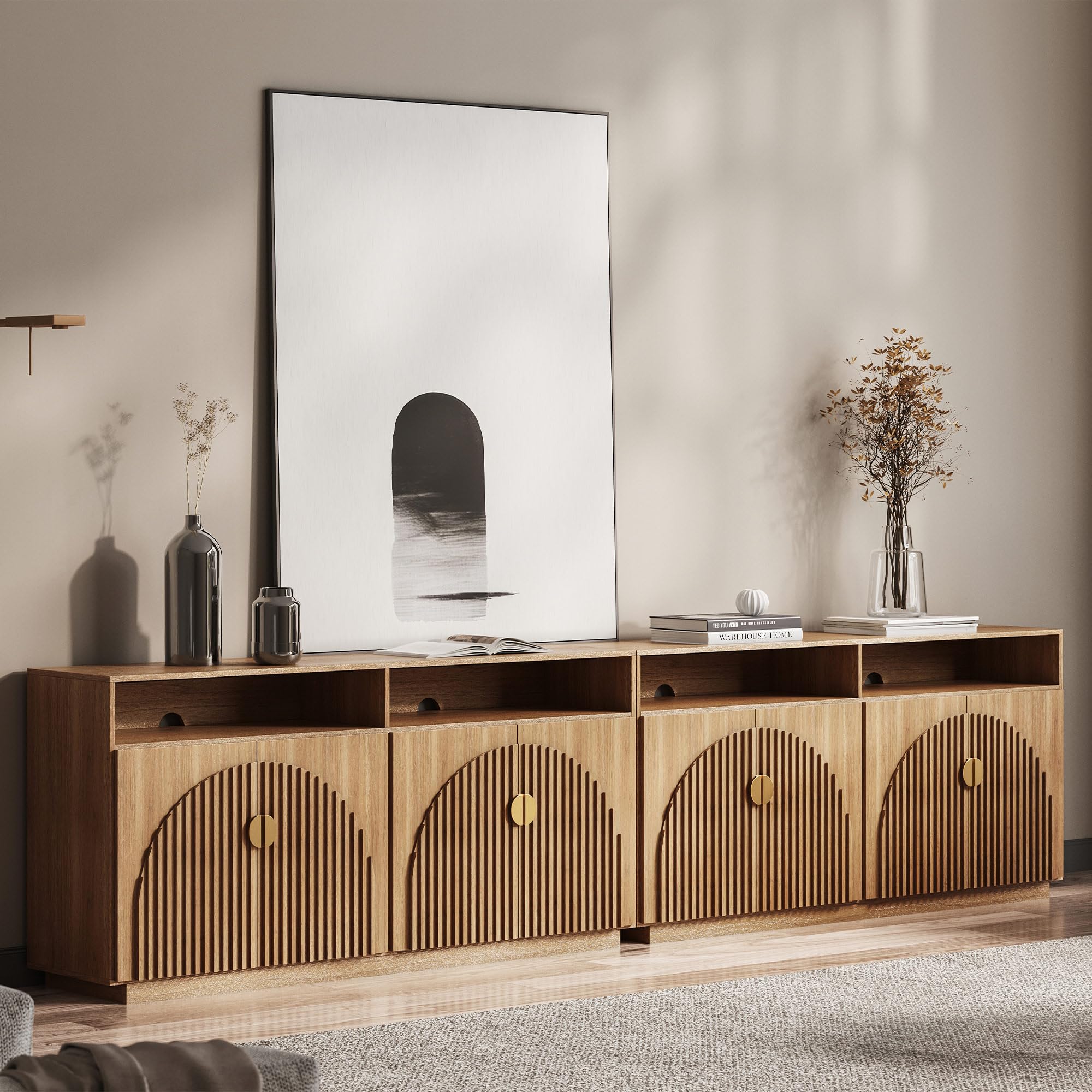 BELLEZE 65 Inch Fluted Buffet Cabinet with Storage, Symmetrical Arc Accent Sideboard Large Console Table for Dining Room, Kitchen, and Living Room (Camel) — view 72
