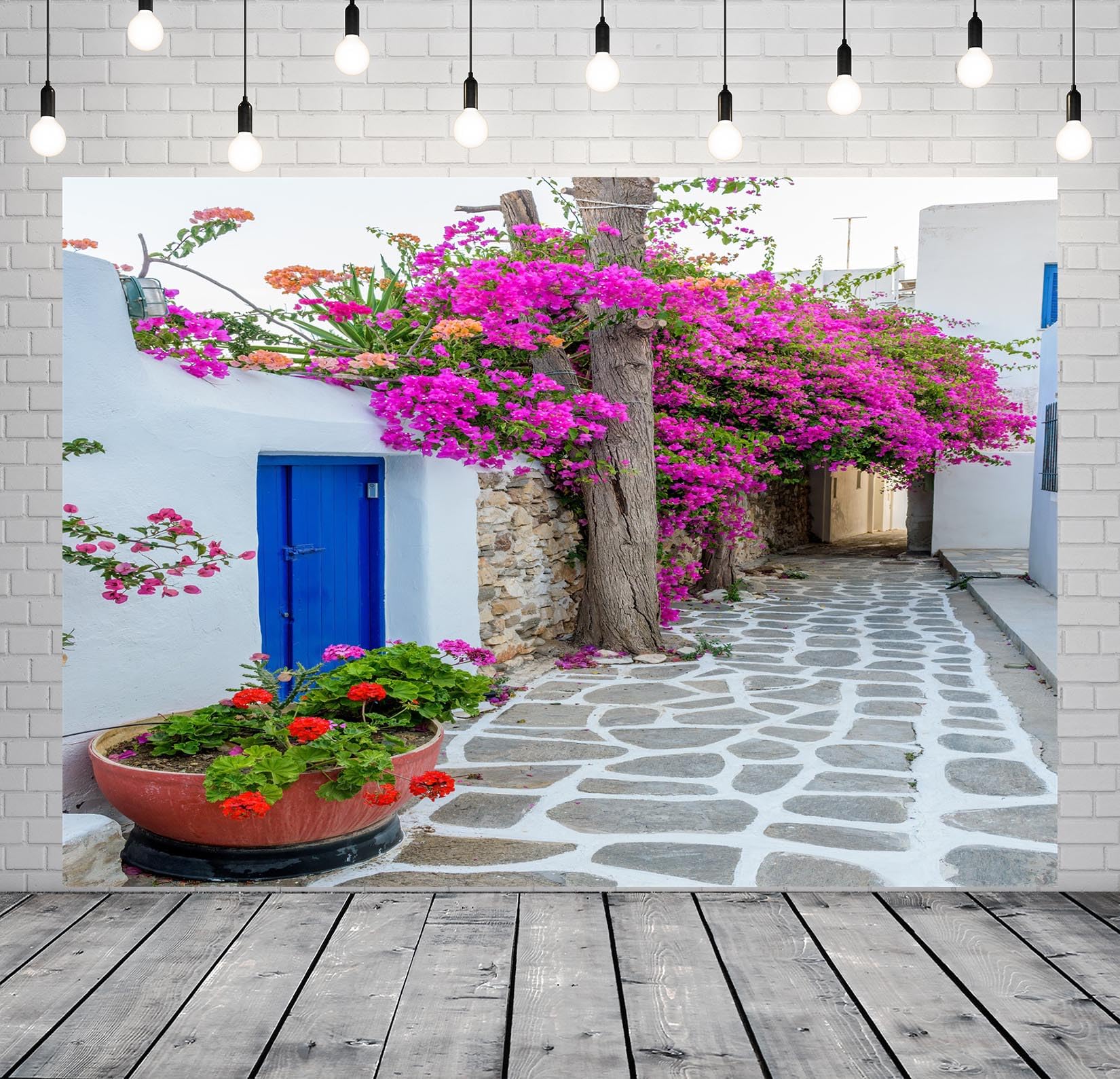 Loccor 10x8ft Fabric Greece Street Backdrop Traditional Alley with White Houses and Blooming Flowers Greece Photography Background Greece Theme Mamma