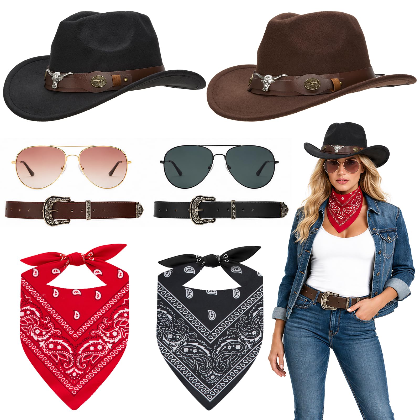 Iyxeo 8Pcs Unisex Western Cowboy Cowgirl Outfit Set, Wild West Fancy Dress Costume Accessories with 2 Hats, 2 Bandanas, 2 Belts, 2 Sunglasses for Men Women, Halloween Rodeo Cosplay Theme Party