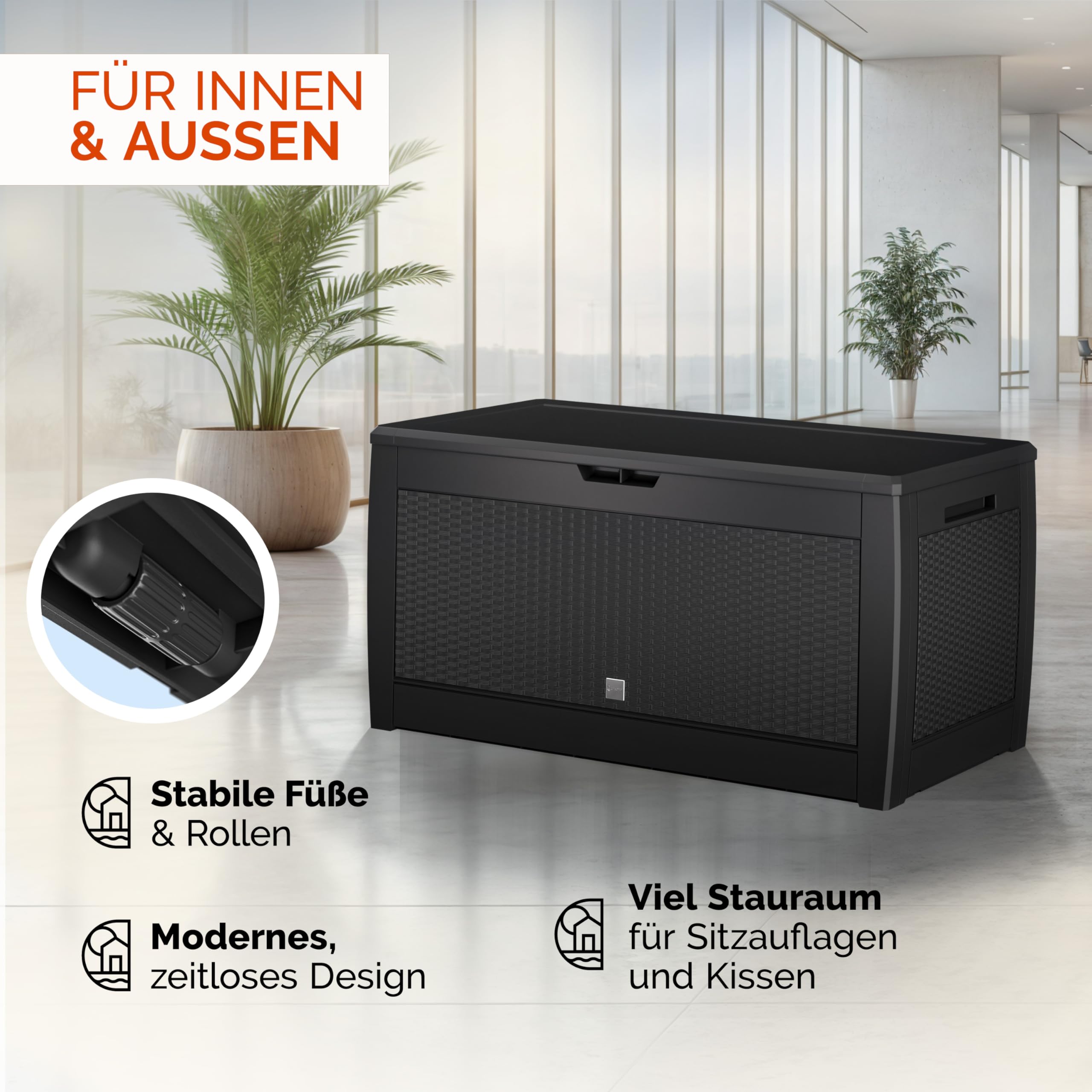 Casaria® Gartenbox Anthrazit UV-beständig 310L Haltegriffe Rollen Terrasse Balkon Wohnzimmer Wintergarten Truhe Auflagenbox 119x48cm Rattan-Optik