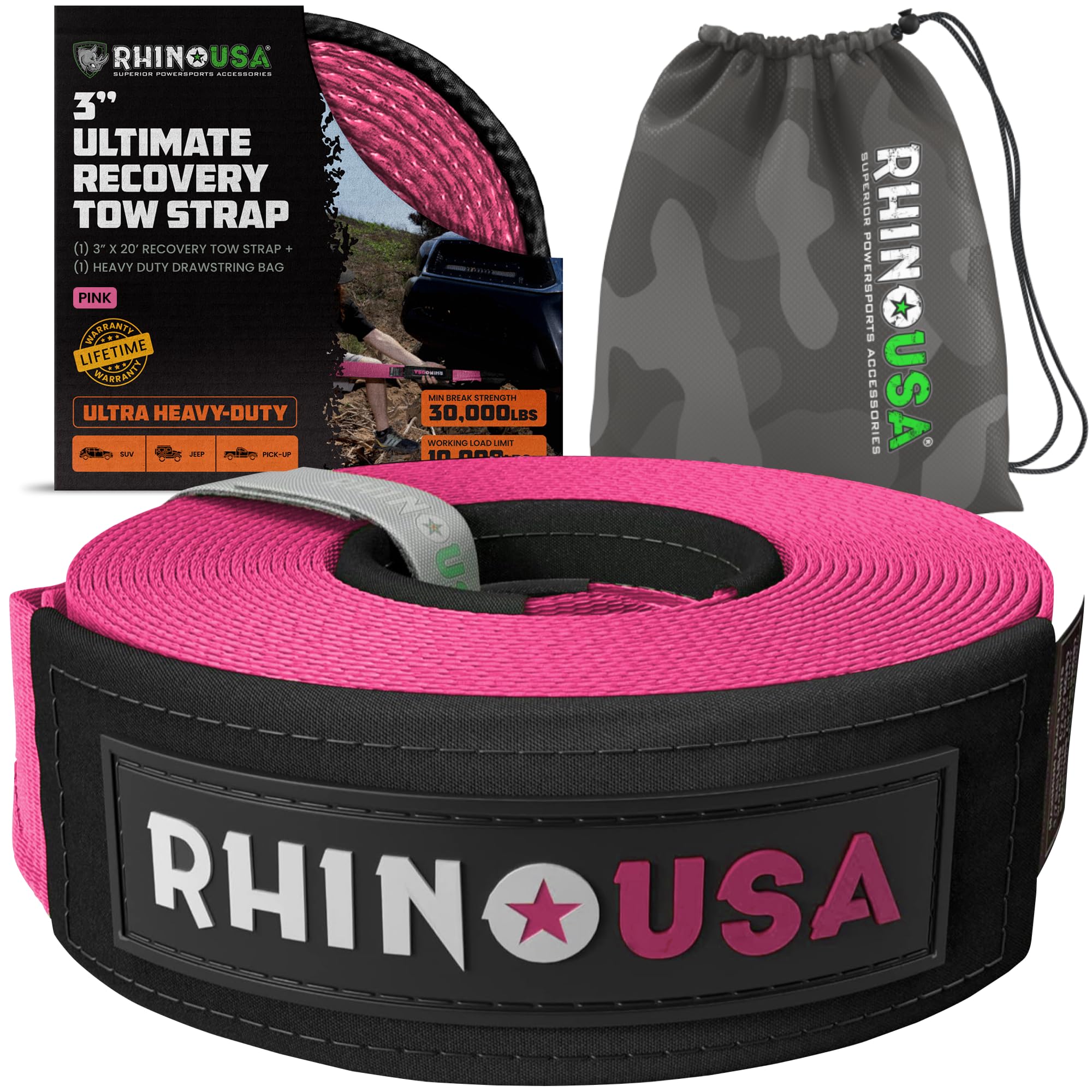 Rhino USA Recovery Tow Strap (3" x 20') - 31,518lb Break Strength - Emergency Recovery Strap Tow Rope for Truck, UTV, ATV & More - Heavy Duty Towing