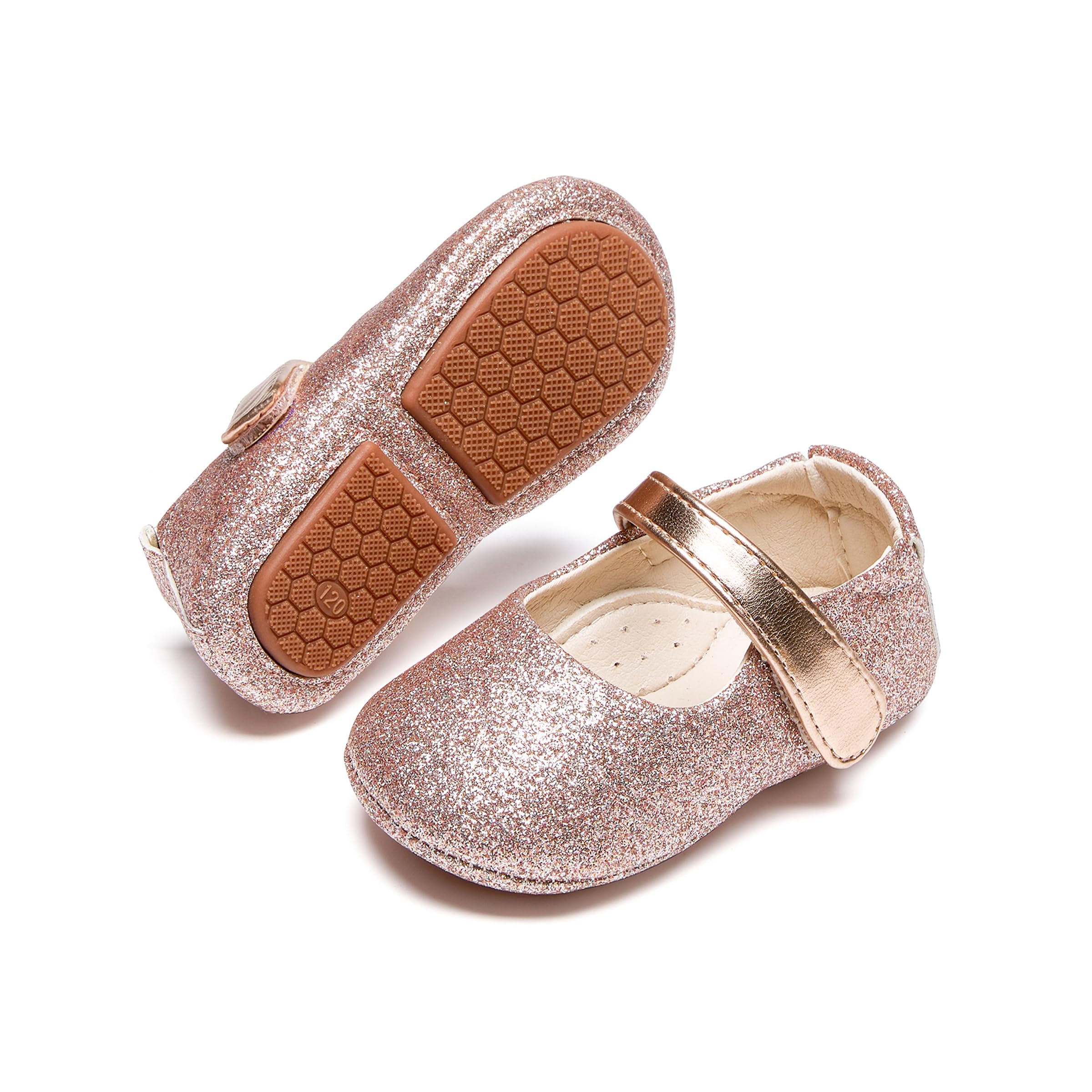 PHIRAMIN Baby Girls Mary Jane Flats - Infant Newborn Walking Shoes Soft Rubber Sole Princess Wedding