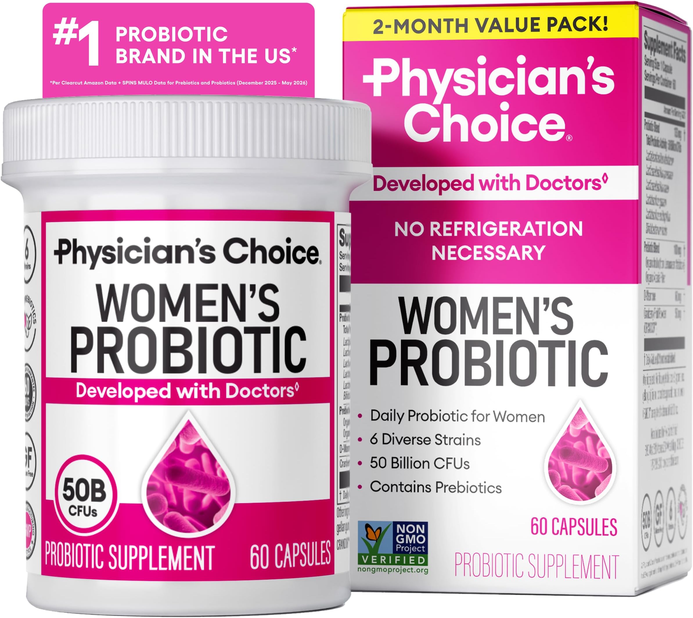 Physician's Choice Probiotics - PH Balance, Digestive, UT, & Feminine Health - 50 Billion CFU - 6 Unique Strains for Women - Organic Prebiotics, Cranberry Extract+ - Probiotic - 60 CT