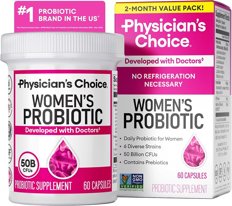 Probióticos Physician's Choice - Equilibrio de PH, digestivo, UT y salud femenina - 50 mil millones de UFC - 6 cepas únicas para mujeres - Prebióticos orgánicos, extracto de arándano+ - Probiótico - 60 CT
