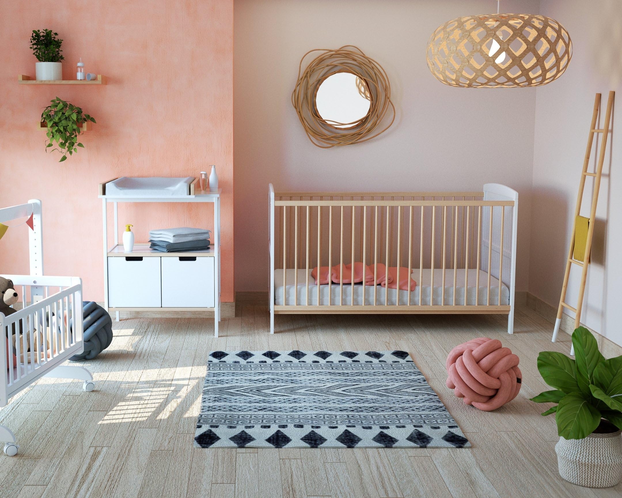 AT4 - Lit bébé évolutif en Bois 70 x 140 Essentiel Blanc et Hêtre Verni| 144 x 74 x 86,5 cm | Sommier à Lattes réglable 3 hauteurs | Transformable en lit Junior