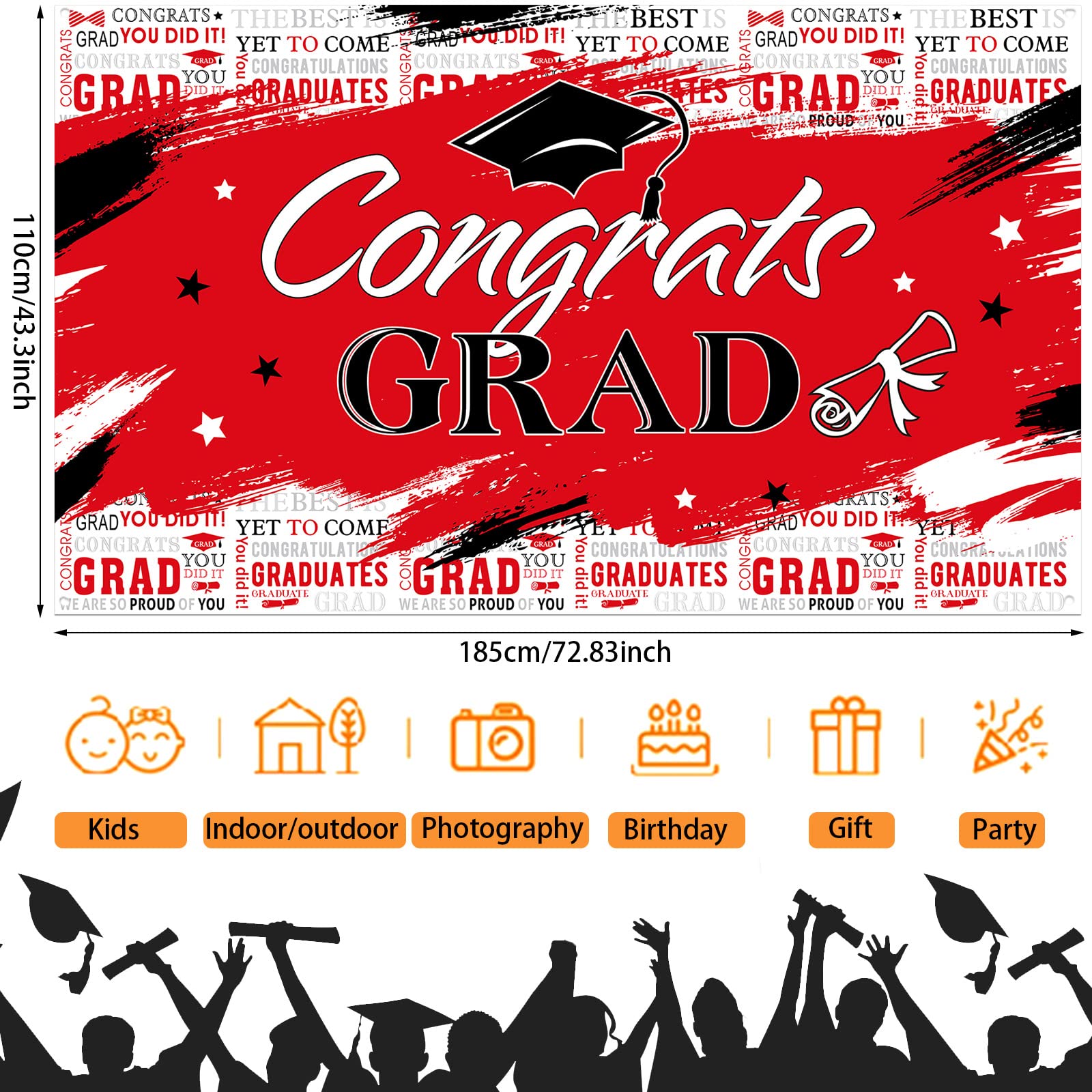 Graduation Party Background Congraduation Party Decorations Supplies Graduate Backdrop Grad Banner Backdrop Graduation Theme Photography Background, 72.8 x 43.3 Inch (Red)