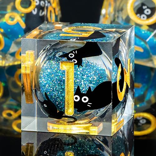 OUKELANWO Cat - Juego de dados DND de núcleo líquido, 7 dados de resina azul y dorado, dados para juegos de rol D20 D12 D10 D8 D6 D4