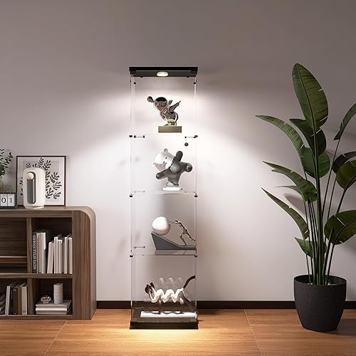 Zacis Vitrina de cristal con luces y cerradura, vitrina Curio de 4 niveles con puerta de cristal, escaparate de pie para sala de estar, dormitorio,
