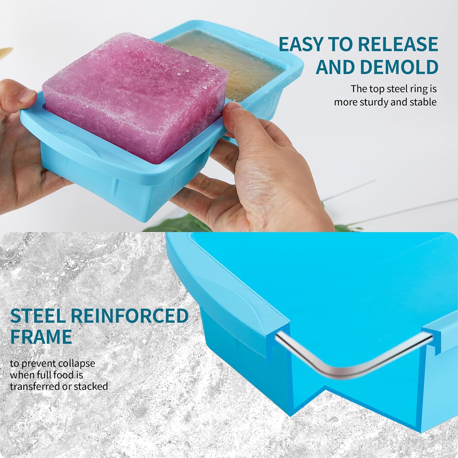 Silicone Freezer Tray with Lid 2 Pack Silicone Freezer Molds - Large Ice Cube Tray - Makes 4 Perfect 2 Cup Portions Soup Cubes Meal Prep Containers- Oven & Dishwasher Safe - Image 2