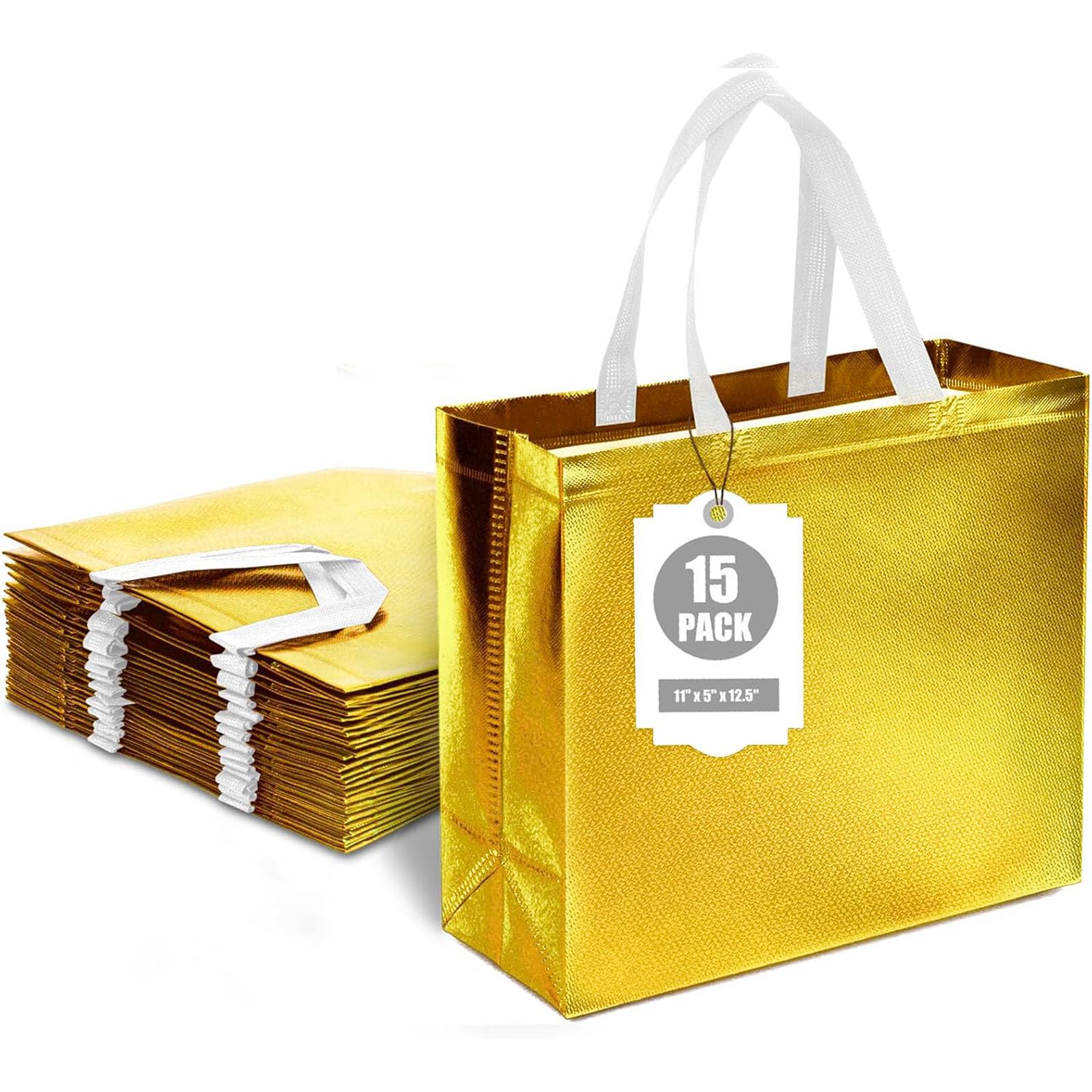 VGOODALL 15PCS Gold Gift Bags with Handles, 12.6 x 5 x 11 Reusable Large Party Favor Bags for Christmas Birthday, Wedding