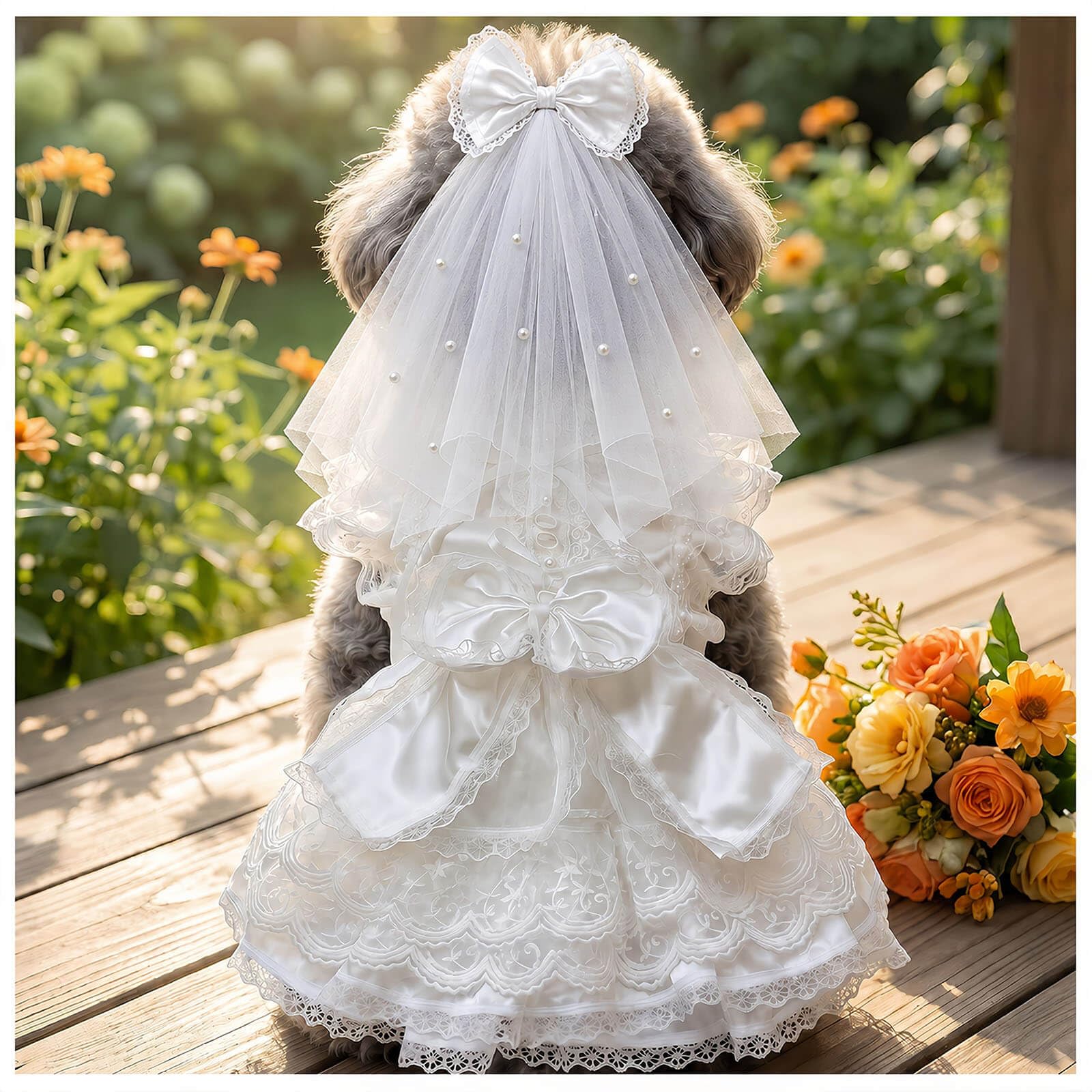 SipSylph Dog Wedding Dress with Veil, Princess Lace Dog Dress with Bow, Fluffy Bridal Outfit for Small Dogs, Puppy Formal Dress for Wedding Birthday Photoshoot (M)