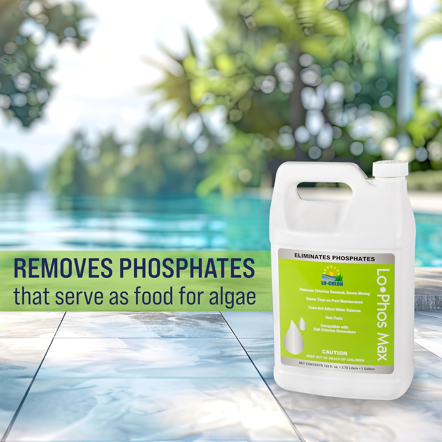 Lo-Chlor Lo-Phos Max Pool Phosphate Remover, Reduces Chlorine Demand, Starves Algae, Compatible with Other Chemicals and Surfaces, for Inground and Above Ground Swimming Pools, 128 Oz