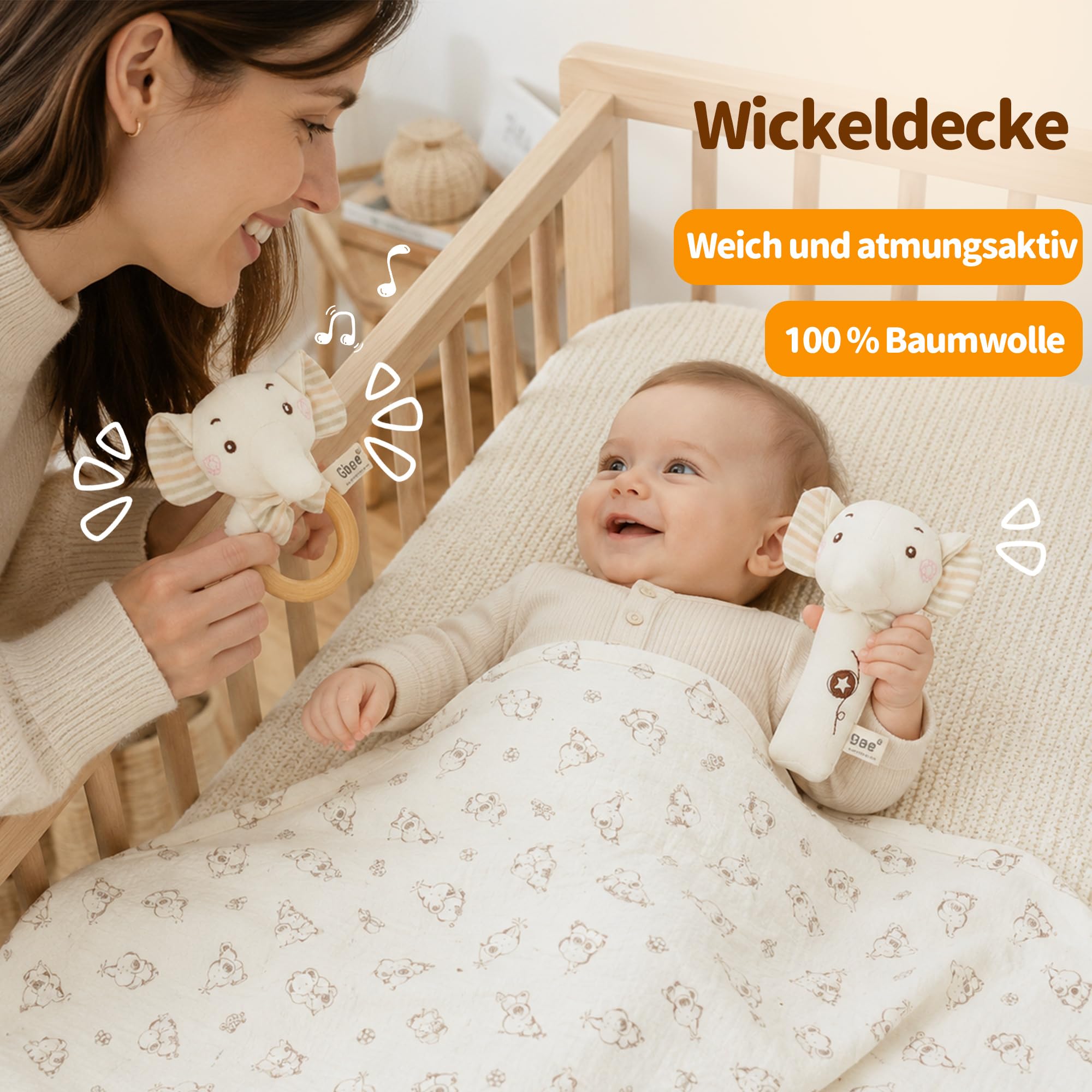 Neugeborenen Geschenk, Set zur Geburt mit Baby Kuscheldecke und Holzrassel | Geburtsgeschenk: Set zur Geburt mit Baby Kuscheldecke, Socken, Holzrassel, Silikonbürste und Grußkarte