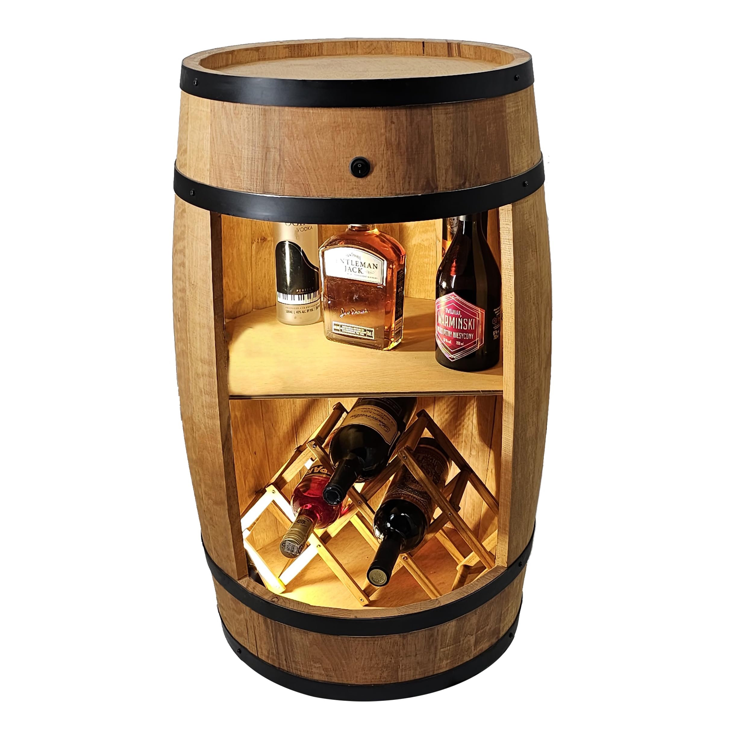 CREATIVE COOPER Barile di Legno a LED Con Portabottiglie per Vino, 80 x 50 cm, Decorazione Rustica per Bar, Whisky (Rovere)