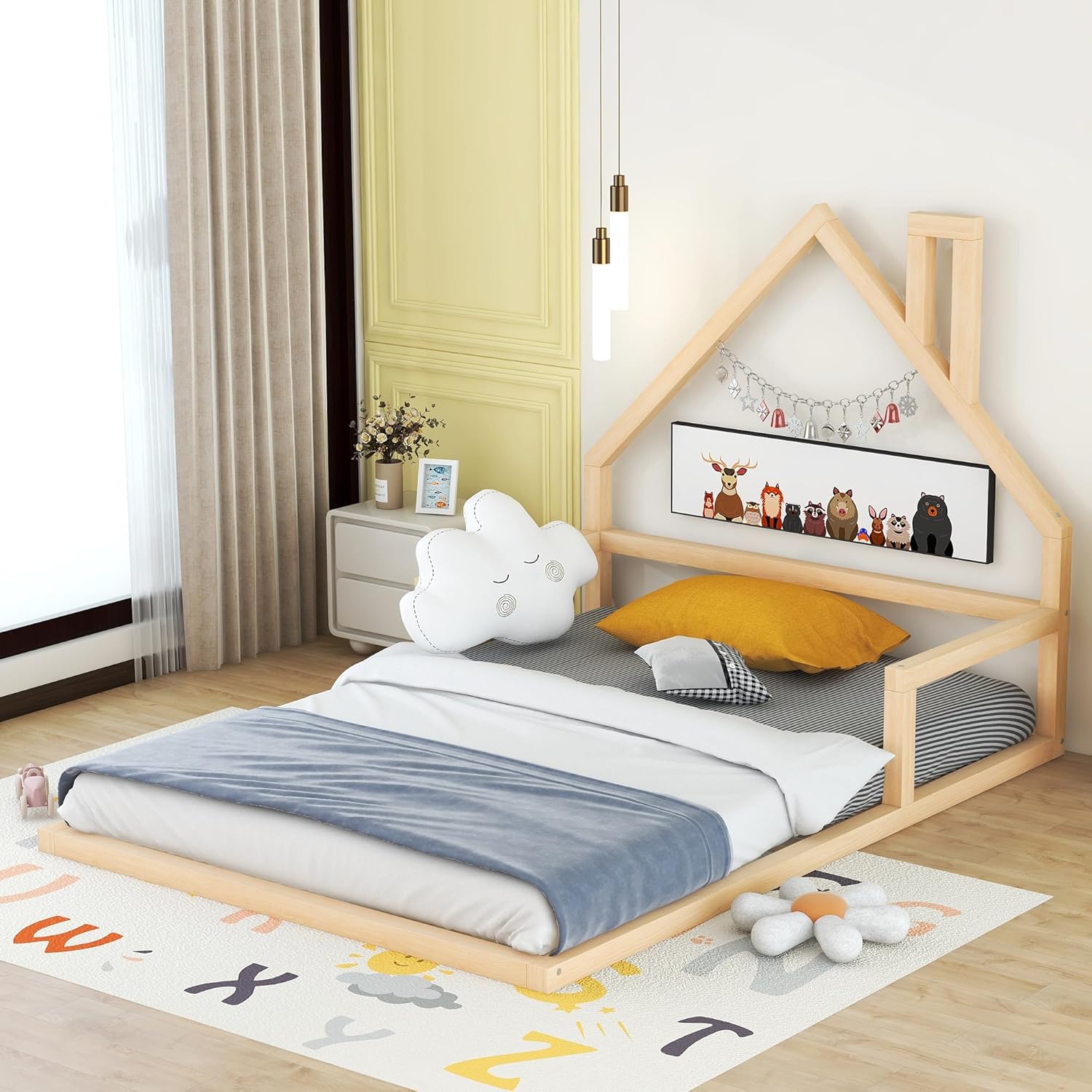 Bellemave Floor Bed for Kids, Full Size Montessori with House Shape Headboard and Railings, Wood Slats Boys Girls, Low to Ground Height, No Box Spring Needed, Natural