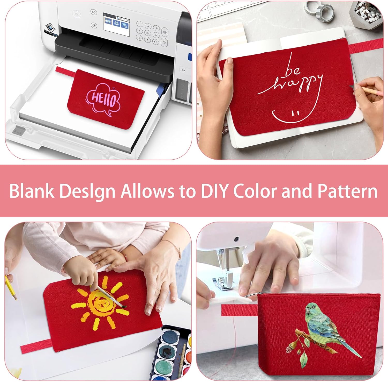 10 Pieces Cotton Canvas Makeup Bag with Bottom and Strap, Multi-Purpose Cosmetic Bag with Zipper Travel Toiletry Pouch, Blank DIY Craft Bag (Red, XS) - Image 6