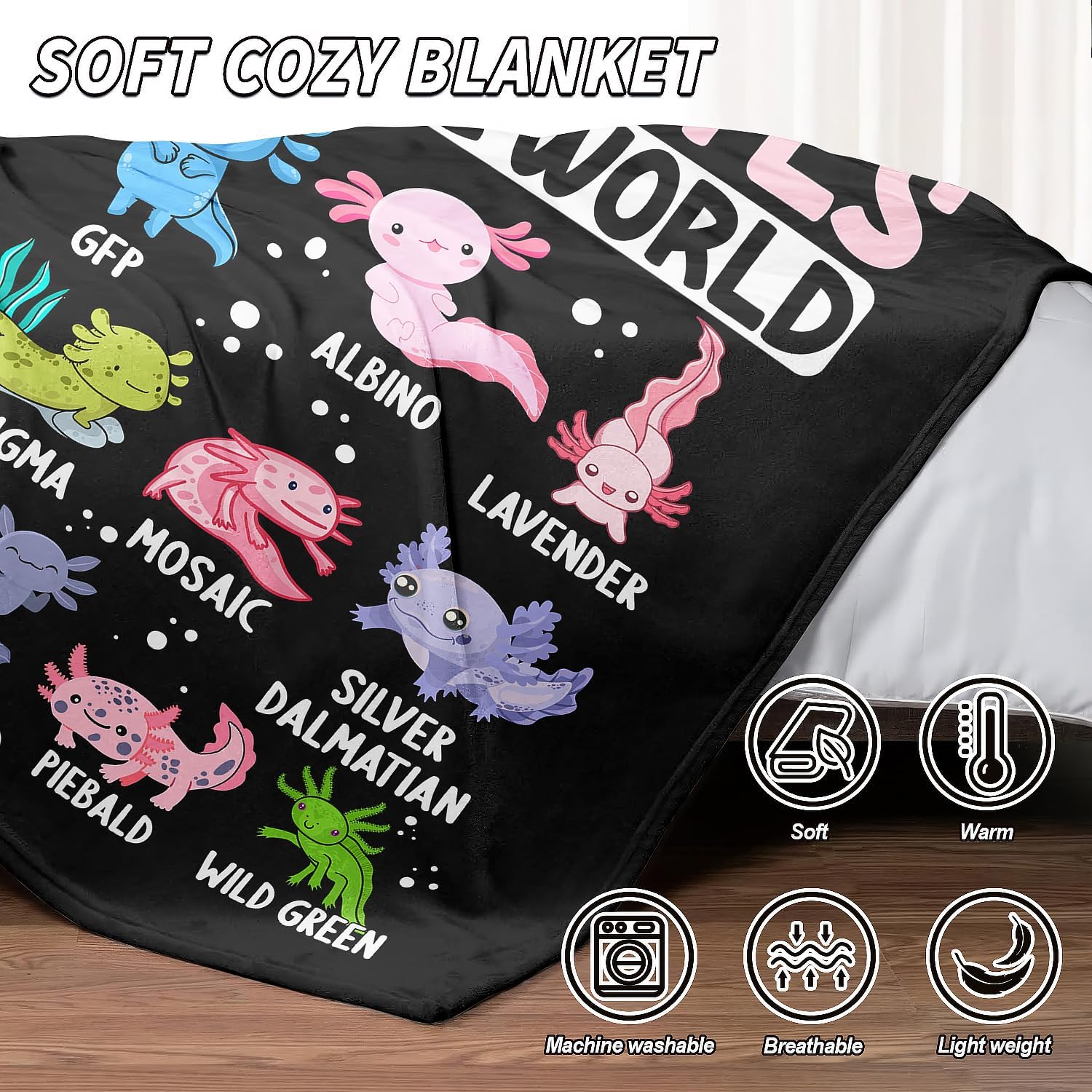 YISUMEI Cartoon Axolotls of The World Throw Blanket, 50"x60", Cute Axolotl Gifts, Soft Plush Travel Essentials for Kids & Adults, Cozy Fleece Blanket for Room Decor, Sofa, Bed & Camping
