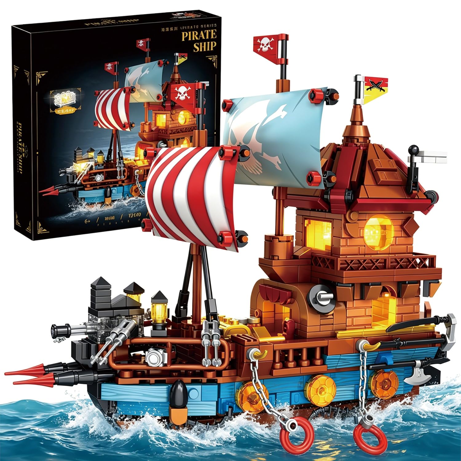 Pirate Ship Building Block Sets,916 PCS Pirate Ship Building Kit with 3 LED Lights,Compatible Creative Building 3D Puzzles Model Home Furnishings, Festive, Birthday Gifts for Adults and Kids 6+