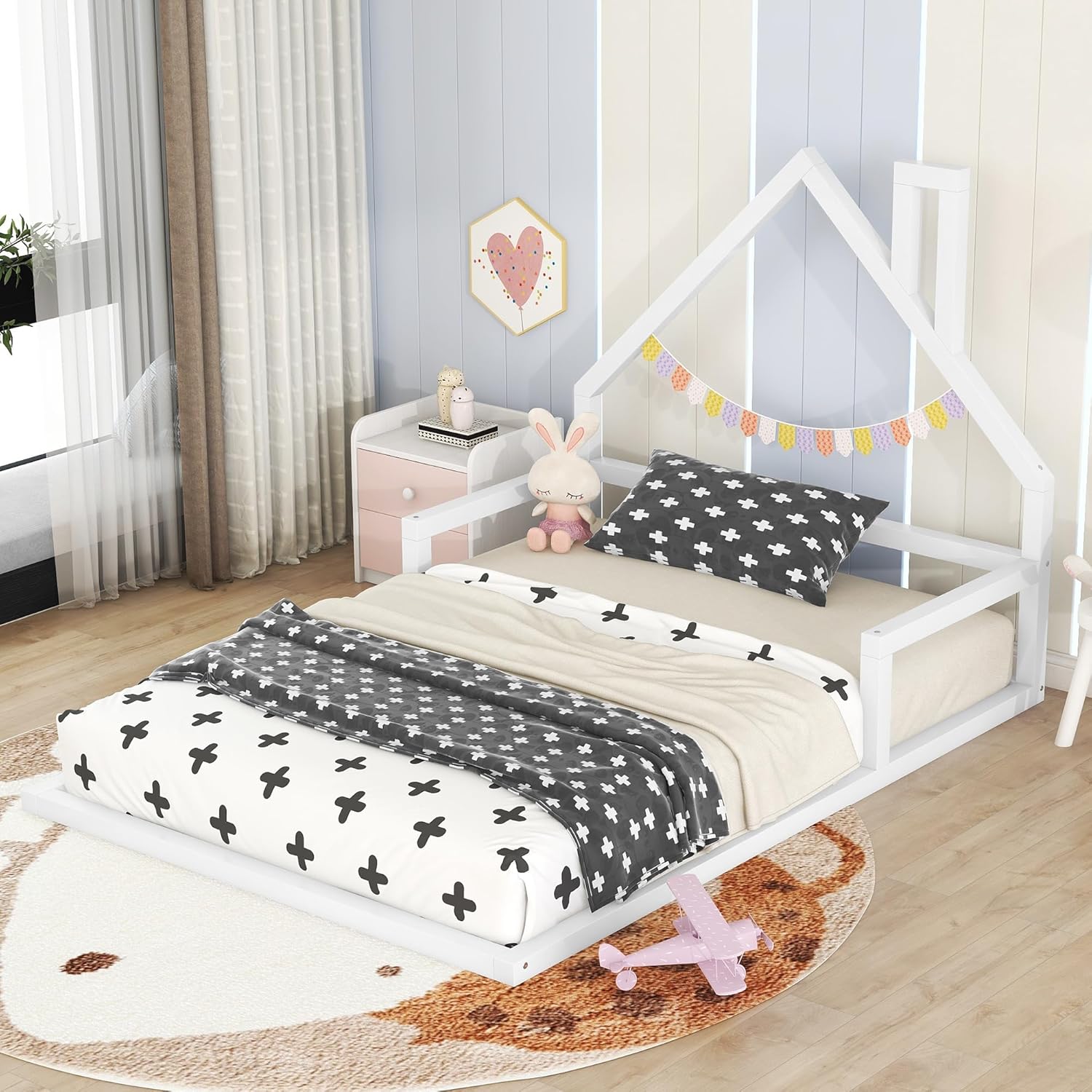 Bellemave Floor Bed for Kids, Full Size Montessori Bed with House Shape Headboard and Railings, Wood House Bed with Slats for Boys Girls, Low to Ground Height, No Box Spring Needed, White