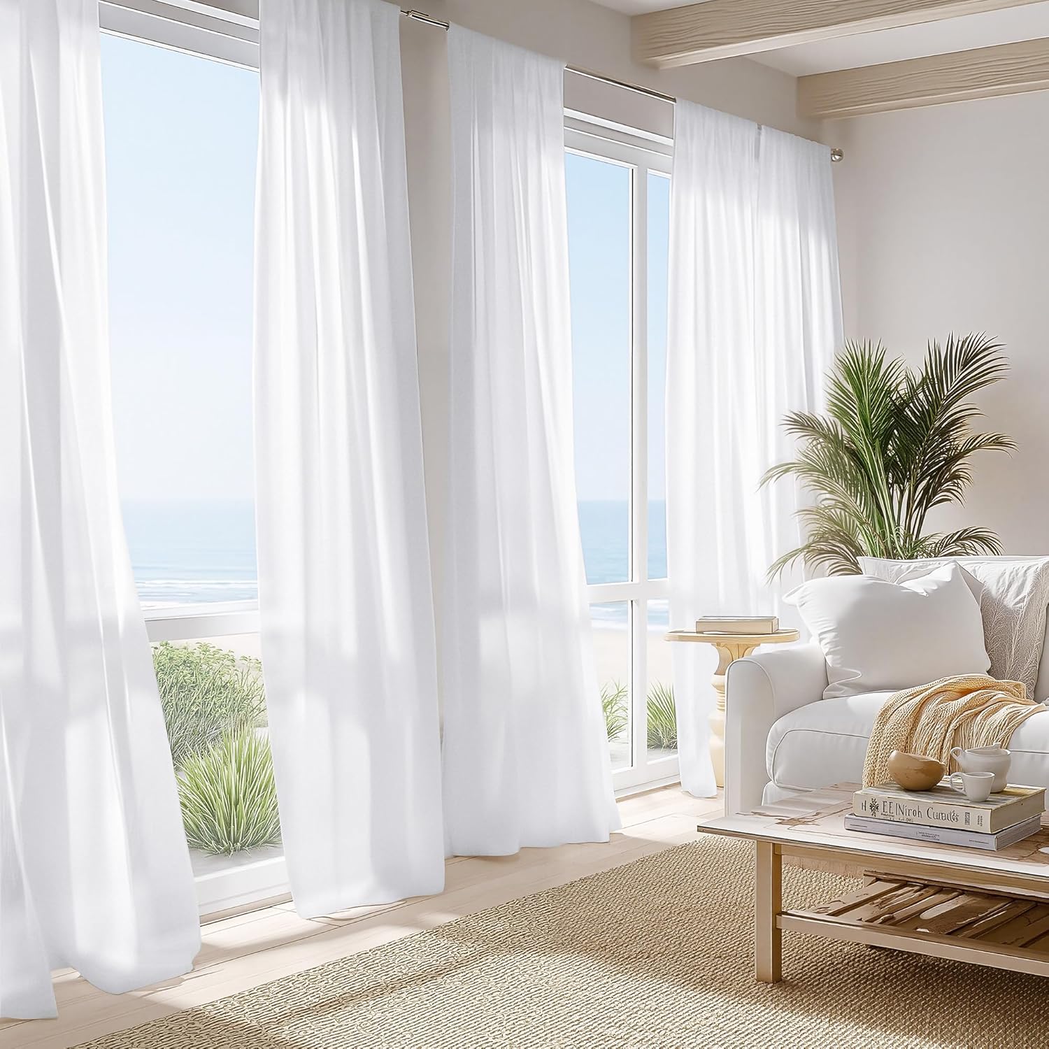 NICETOWN 4 Panels Privacy Sheer Curtains Extra Long 102 Inches, Light Filtering Heavyweight Luxry Drapes for Bedroom, Living Room, Non-See-Through Voile with Rod Pocket, Pure White 52"W x 102"L (Pack of 4) Pure White