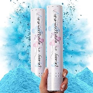 PrimePure Cañones de Confeti para Revelacion Genero Bebe - Canon de Polvo Biodegradable - Azul, Pack 2 - Gender Reveal Humo Azul, Bombas Cañones para Anunciar Bebé Niño