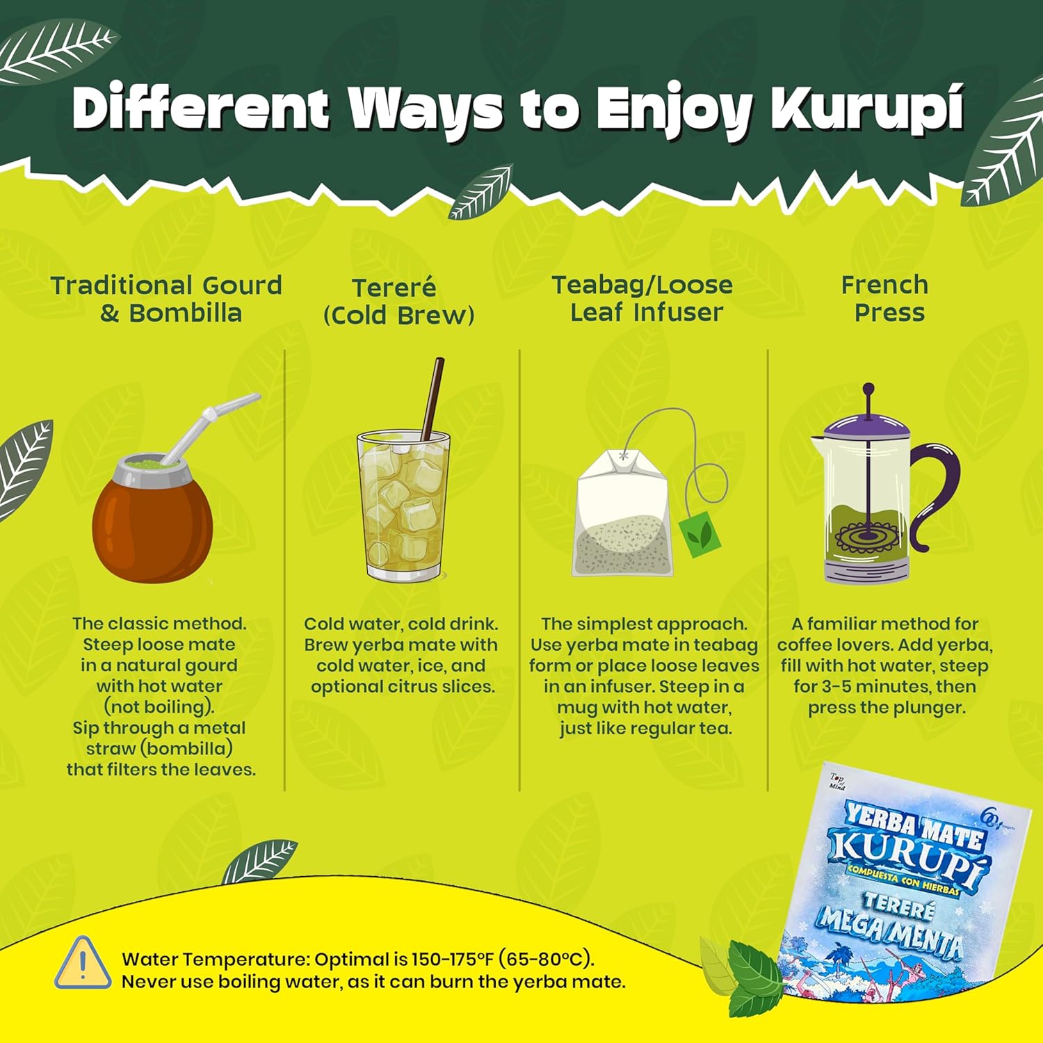 Kurupi Yerba Mate Terere Mega Mint 500 g (1.1 lb) | Paraguayan Herbal Yerba Mate with Mint & Boldo | Loose Leaf Mate Tea for Cold Brew | Refreshing & Aromatic | Gluten Free - 4 Packs