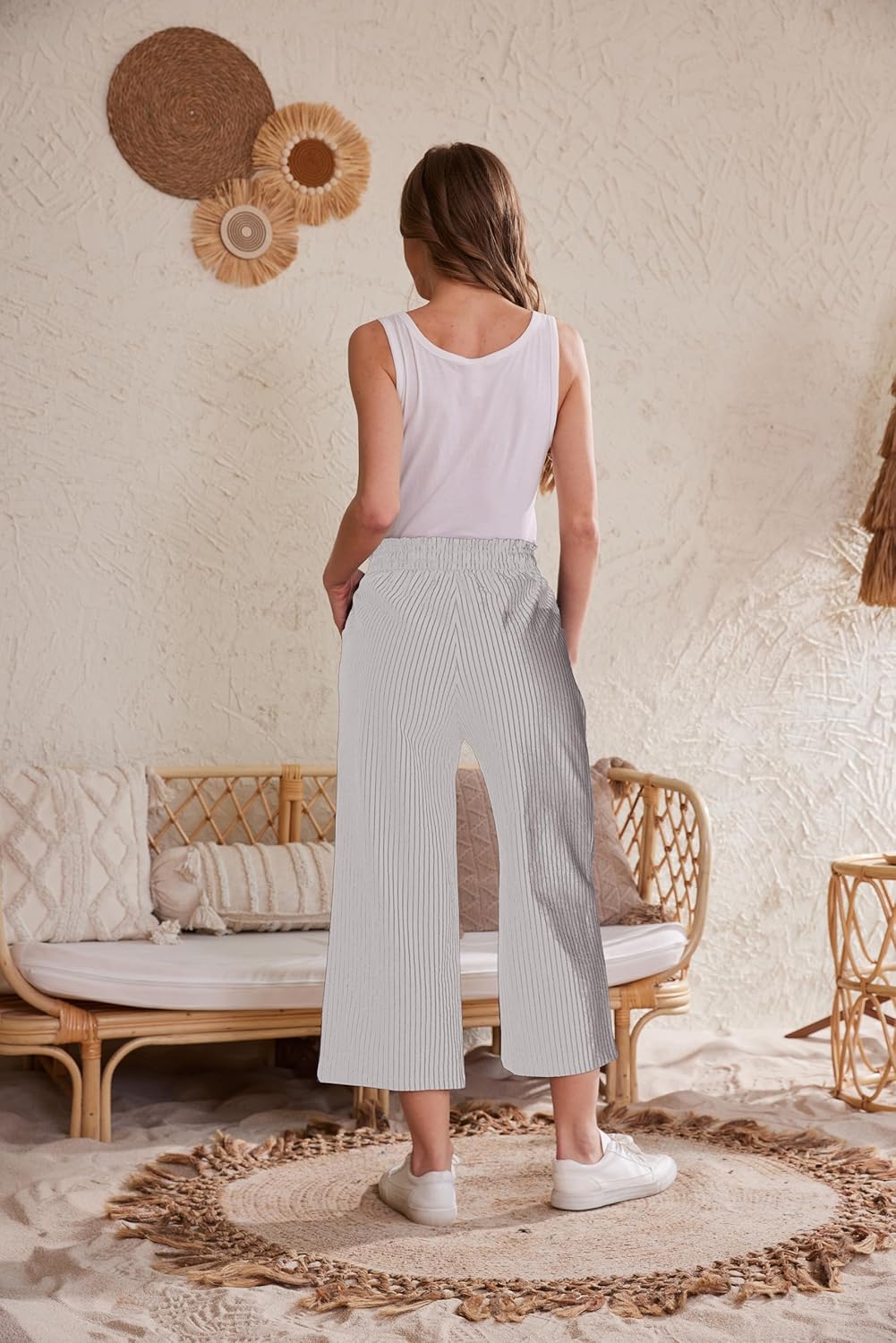 Womens Casual Linen Pants Wide Leg High Elastic Waisted Drawstring Summer Pants - Image 4