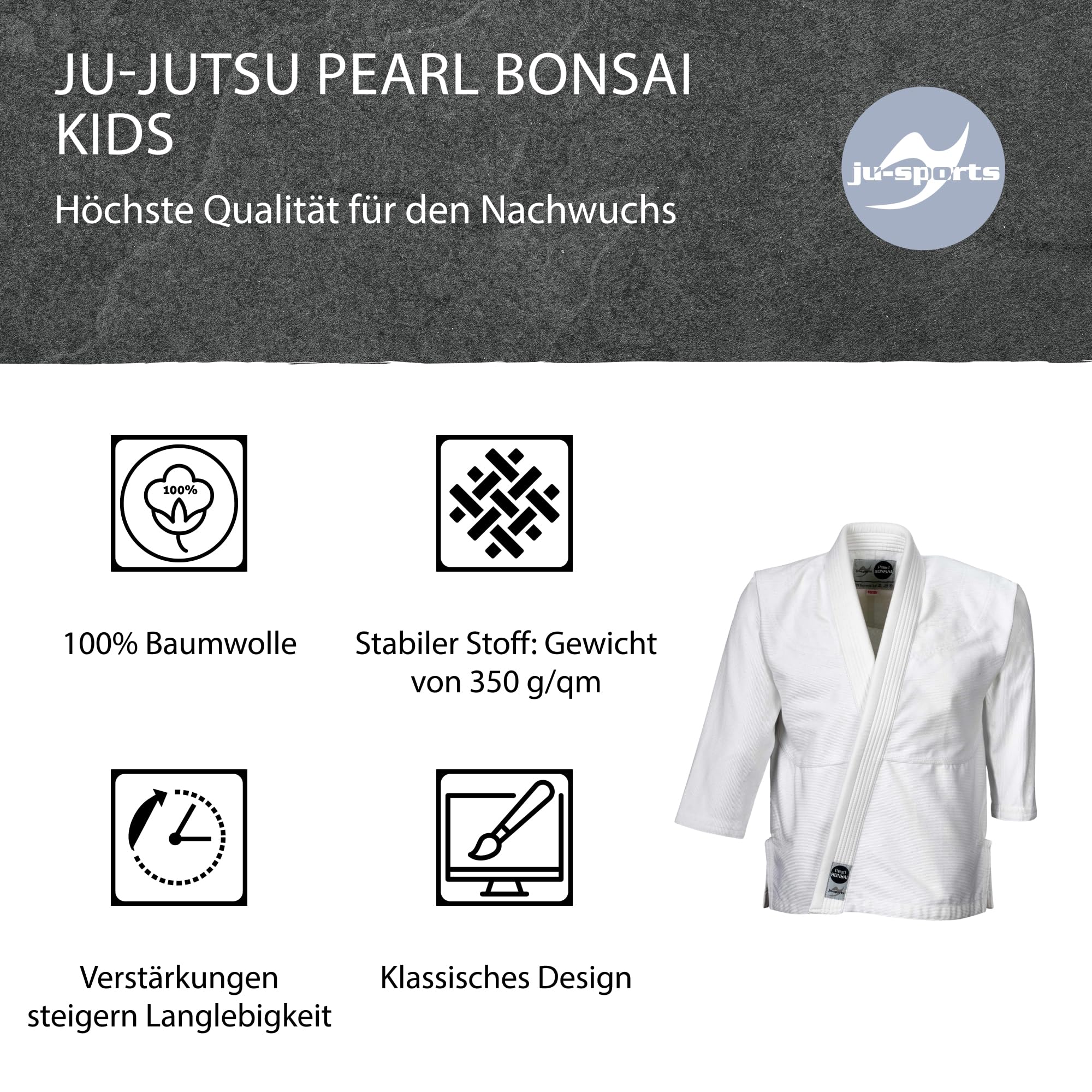 Ju-Sports Ju-Jutsu Pearl Bonsai Kids I Leichter, schlanker Brazilian Jujutsu Anzug speziell für Kinder I BJJ Gi mit hochwertigem Finish I 100% Baumwolle