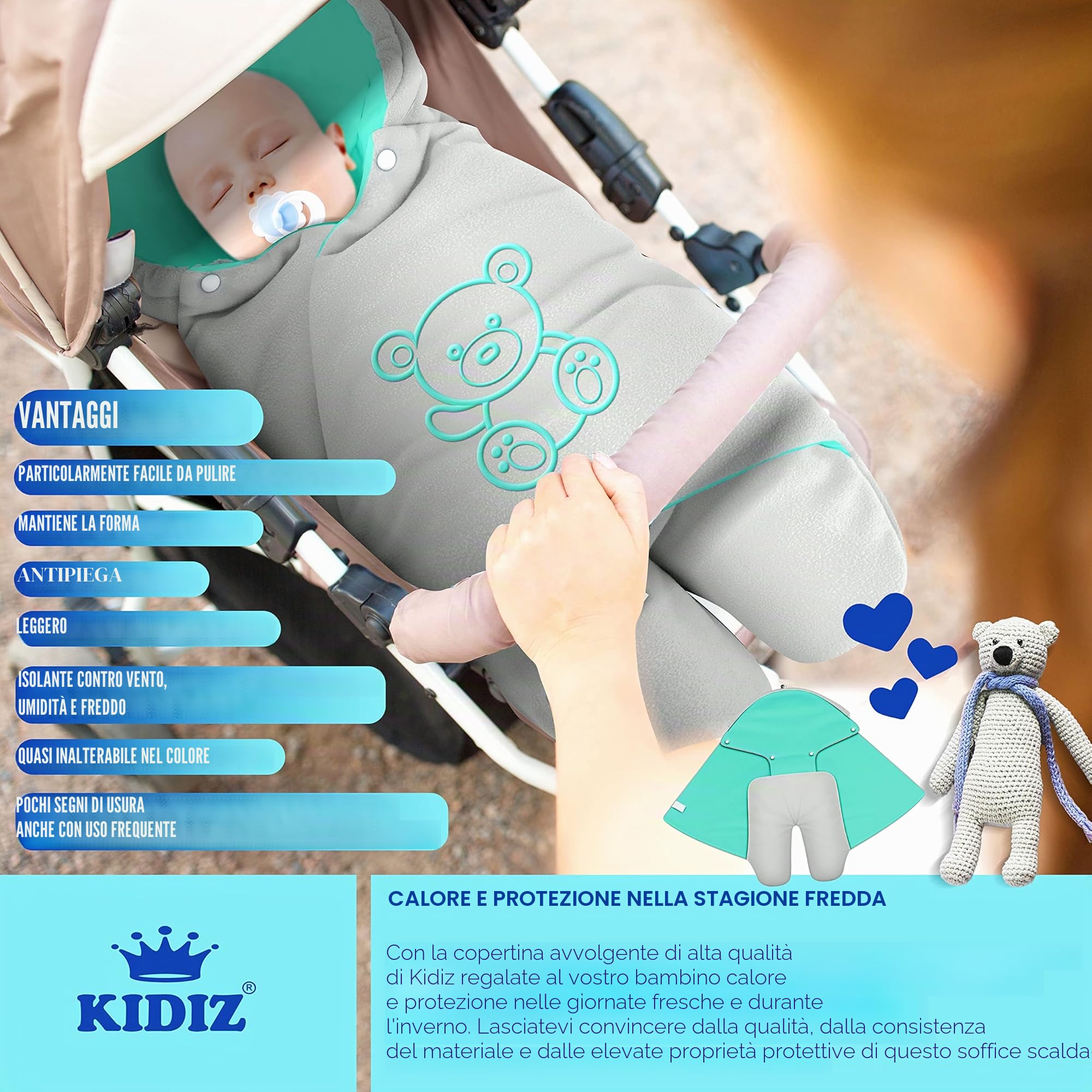 KIDIZ® Coperta invernale con cappuccio + borsa universale per ovetto, seggiolino auto, ad esempio per Maxi-Cosi, Römer per passeggino, passeggino e tutti i sistemi di cinture a 3 e 5 punti