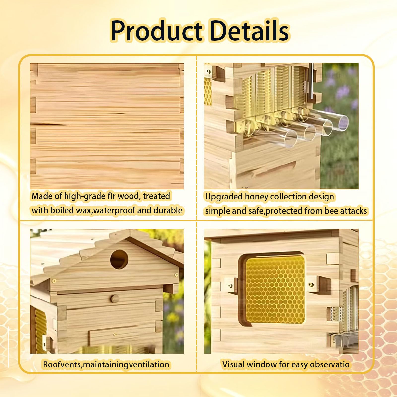 Arnia in Legno Deflusso Automatico, Kit di Avvio per L'Apicoltura, Include 4 Telai per Api e 6 Vassoi Favo, Raccolta Automatica del per L'Apicoltura, Impollinatori da Giardino