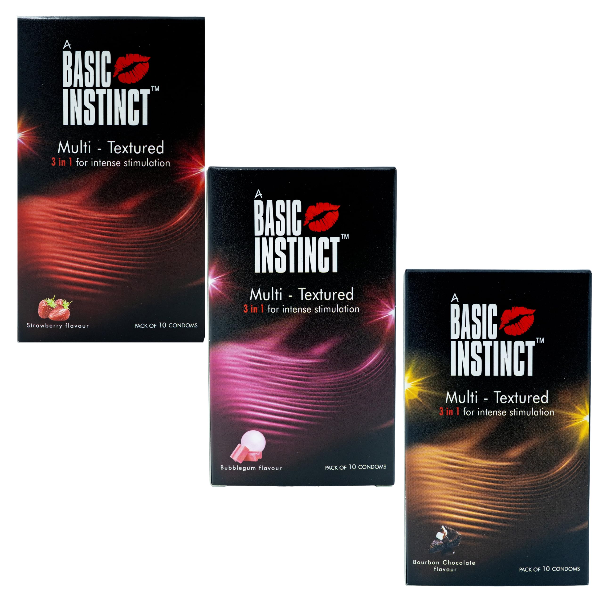 Basic Instinct Ultra Thin Condoms Multi Texture Bubble Gum Flavour 10Pcs, Multi Texture Strawberry Flavour 10 Pcs Multi Texture Bourbon Chocolate Flavour 10Pcs (Pack of 3)-image-12