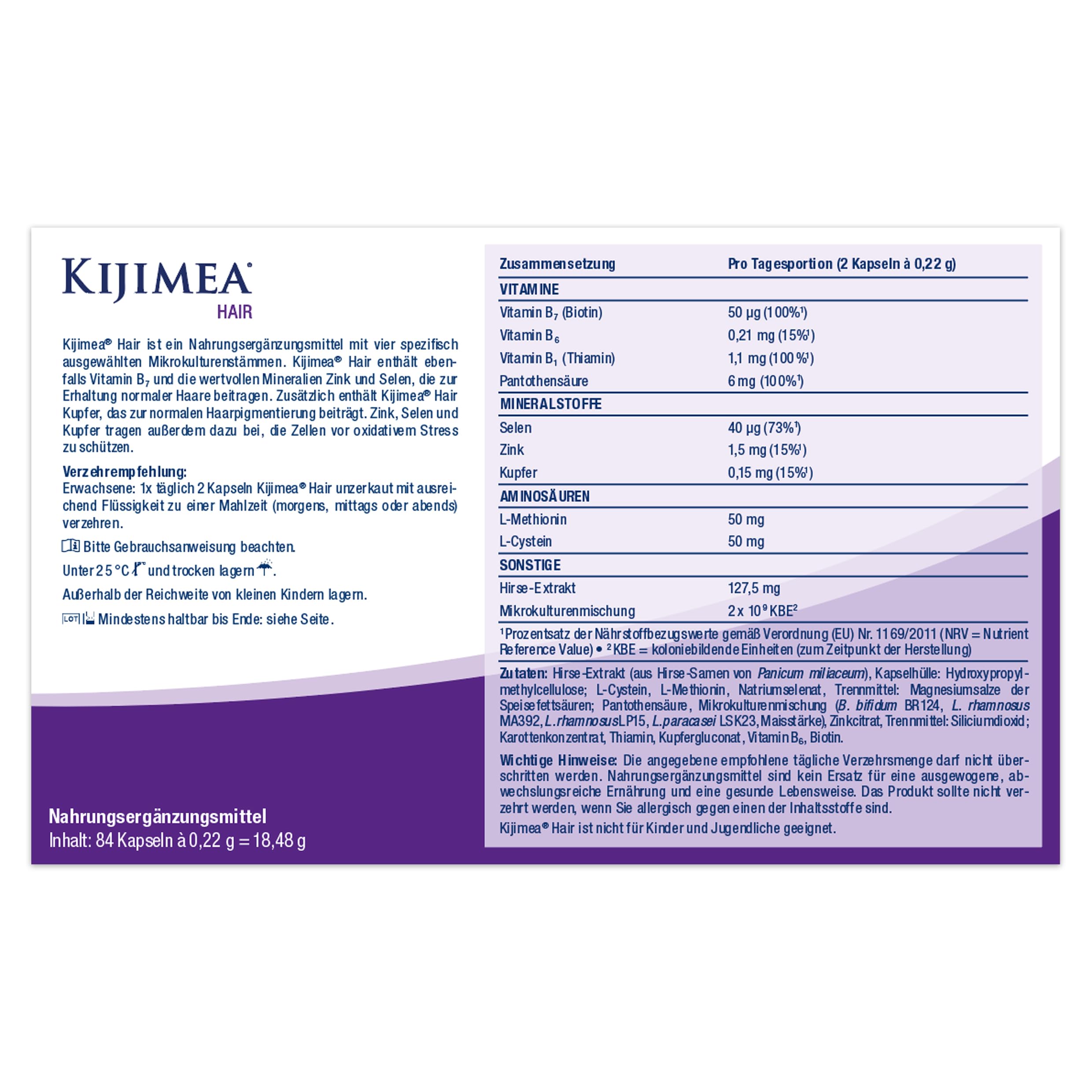 Kijimea® Hair - Wertvolle Mikronährstoffe für die Haare | Mit Vitamin B7, Zink, Selen sowie den Aminosäuren L-Methionin & L-Cystein und 4 spezifisch ausgewählten Mikrokulturenstämmen - 84 Kapseln