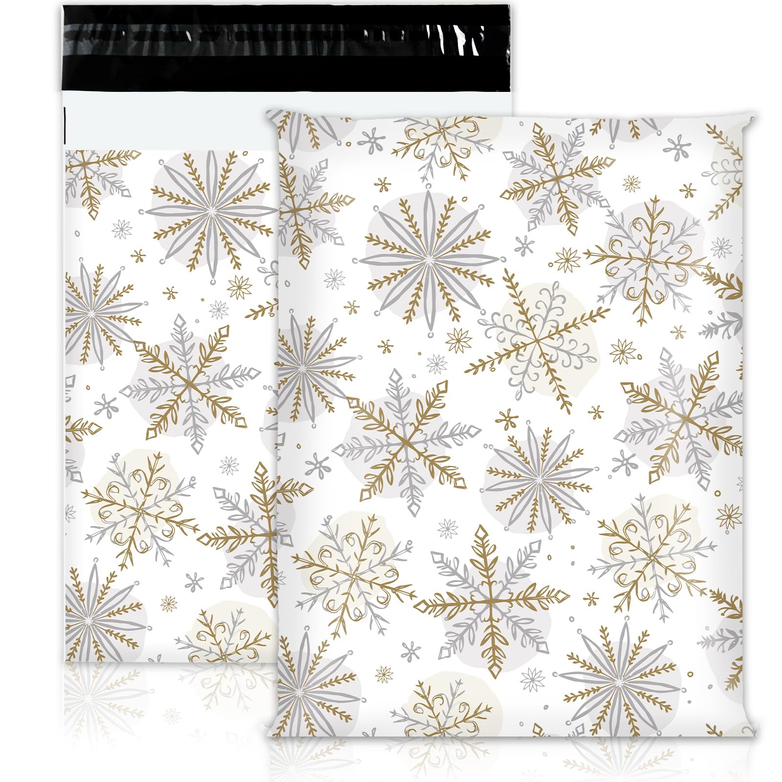JarThenaAMCS 100Pcs Christmas Poly Mailers 10 x 13 Inch Gold Silver Snowflake Winter Envelope Mailers Xmas Self-Sealing Plastic Packaging Mailing Bags for Small Business Clothing