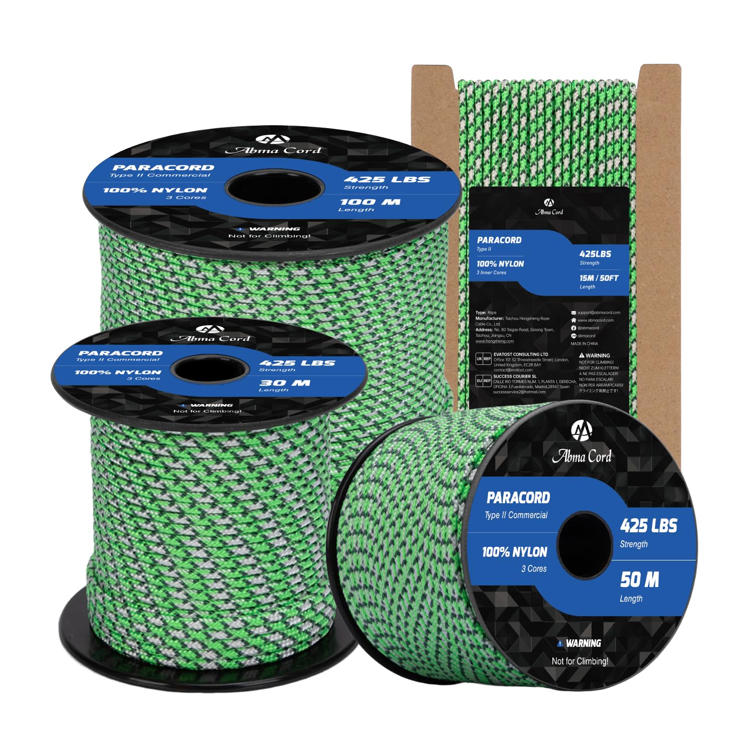 Abma Cord Paracord 3mm 15m 100% Nylon Rope Type II 3 Strands Parachute Cord - Max. 192kg (425lbs) - Island