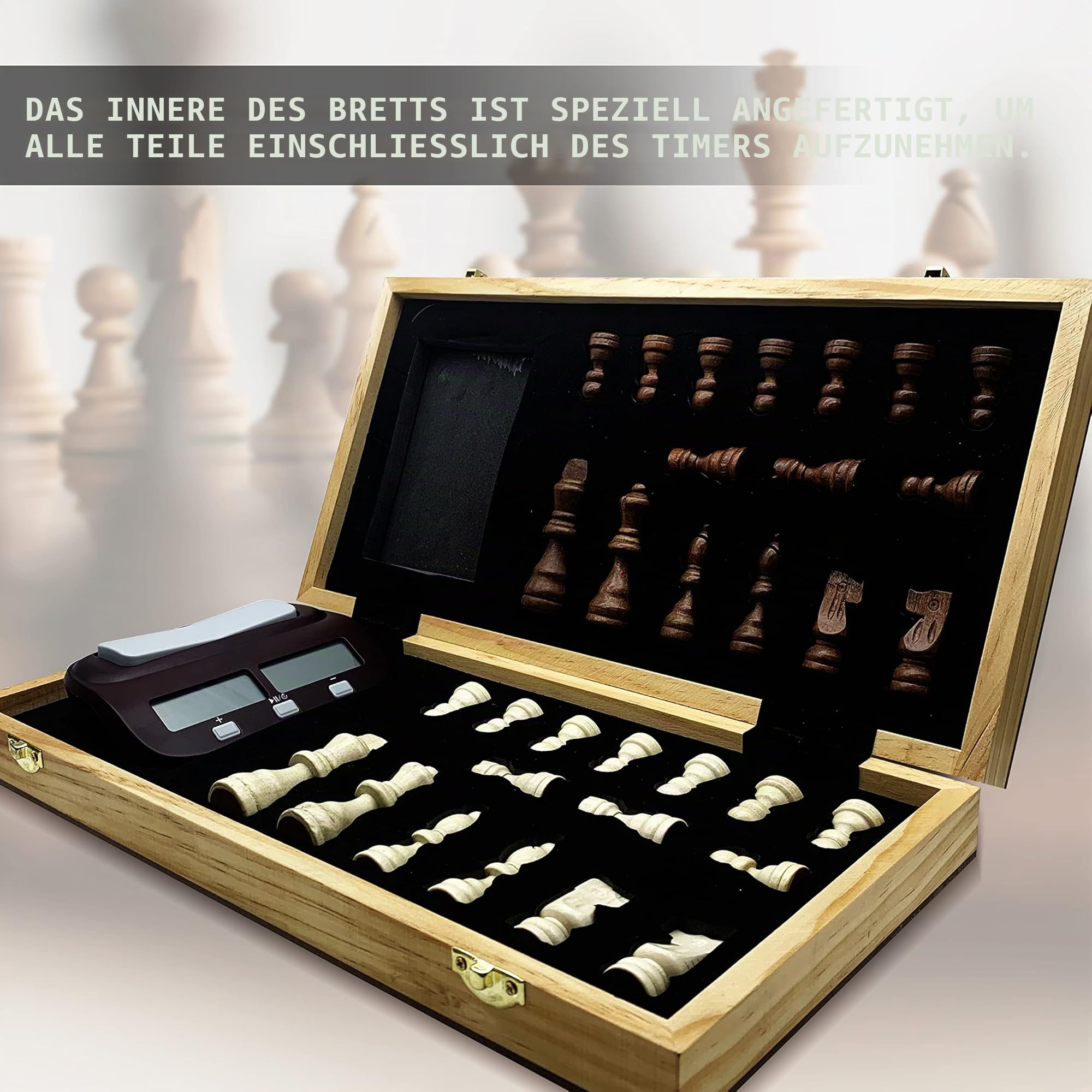 DOJA Barcelona | Klappbar Schachspiel Holz mit Schachuhr | 39x39 | Profi Schachbrett Hochwertig für unterwegs mit Digital Uhr | Staunton Brettspiel | Schach Magnetisch/Chess Board Set