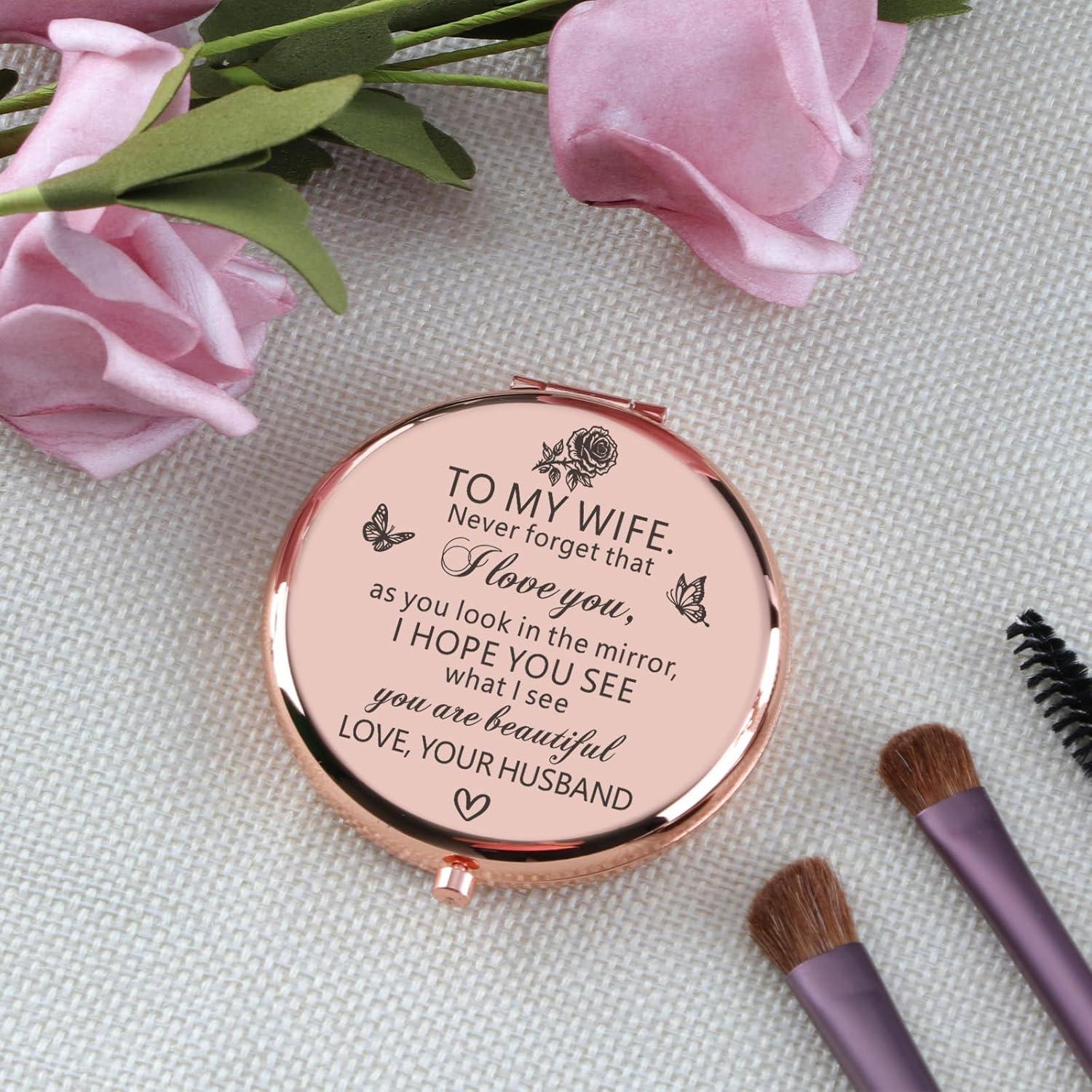 Gifts for Wife from Husband Love You Wife Gifts Rose Gold Compact Mirror Birthday Wedding Anniversary Valentines Day Mothers Day for Wife from Husband Romantic Gifts for Her - Image 4
